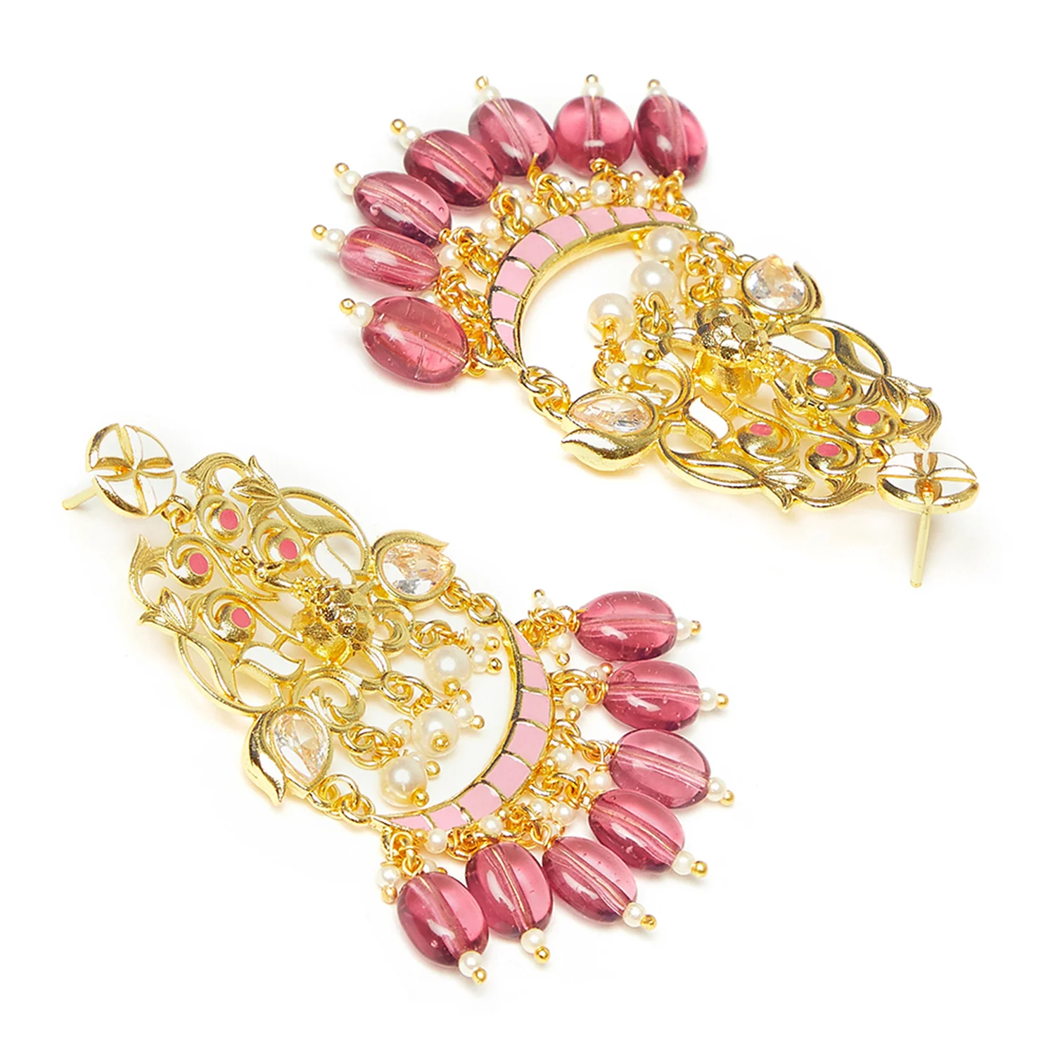 Shwet Kamal Faux Pearls and Kundan Adorned Filigree Gold Plated Drop Earrings - Image 4