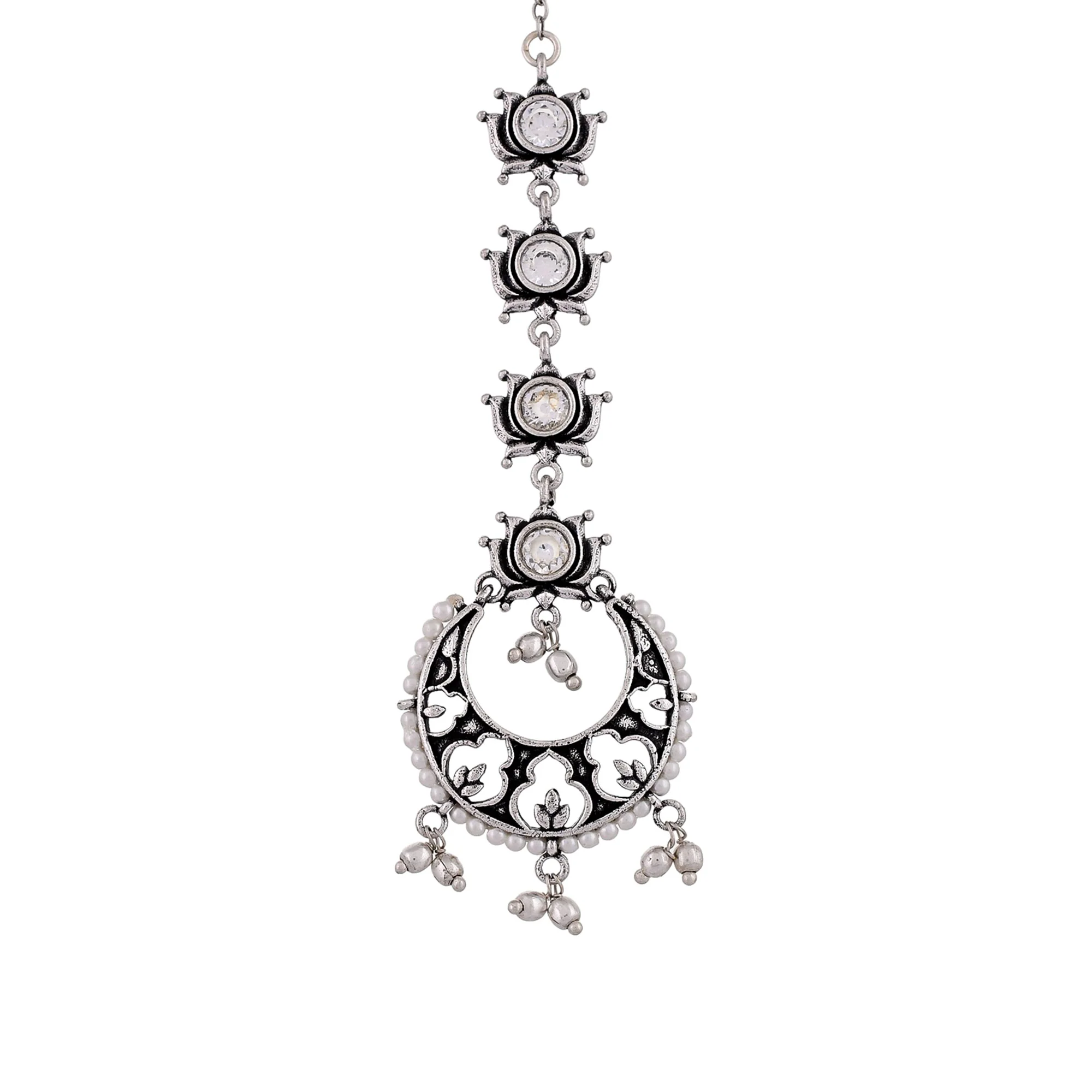 Apsara Faux White Pearls Adorned Silver Plated Brass Maang Tika - Image 3