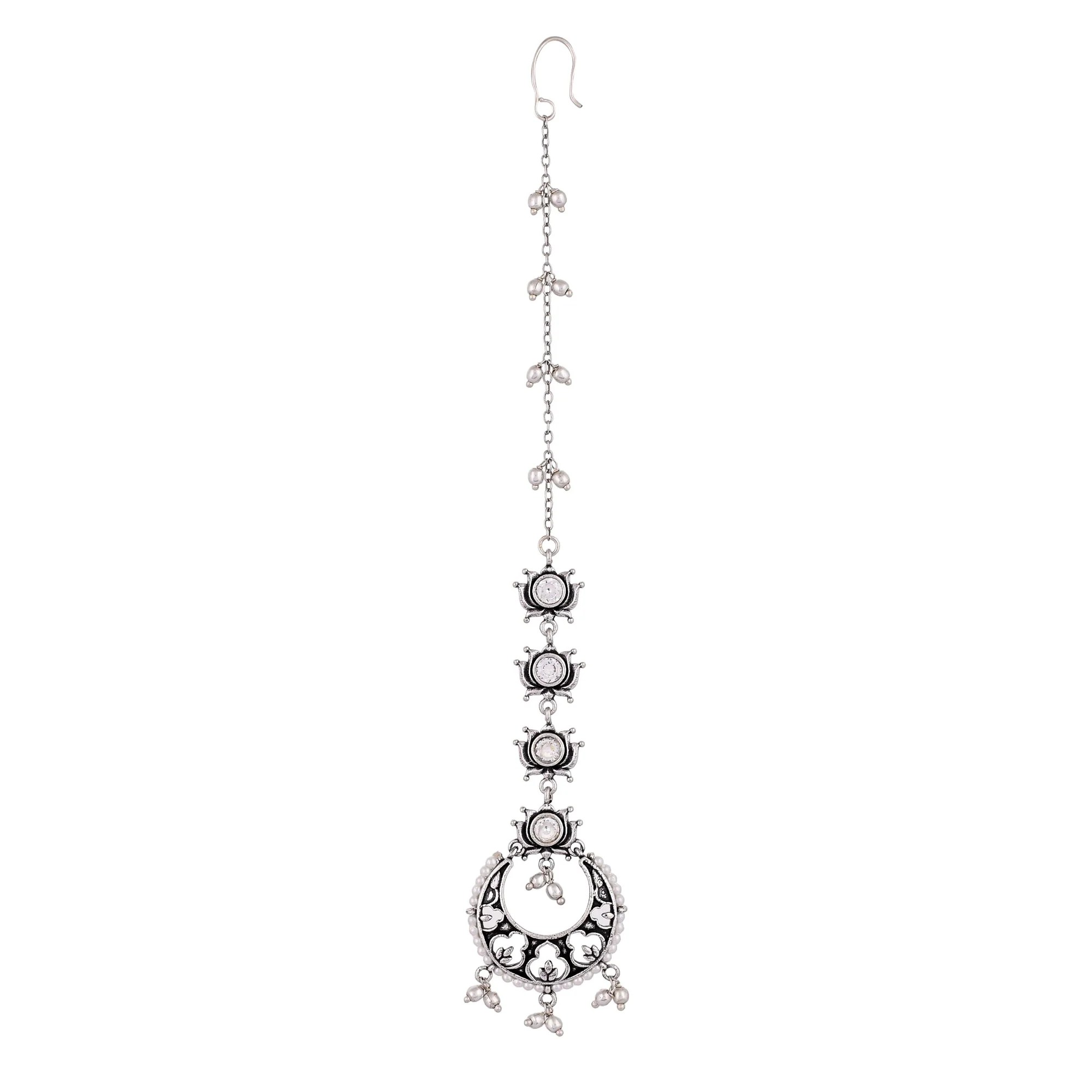 Apsara Faux White Pearls Adorned Silver Plated Brass Maang Tika - Image 4