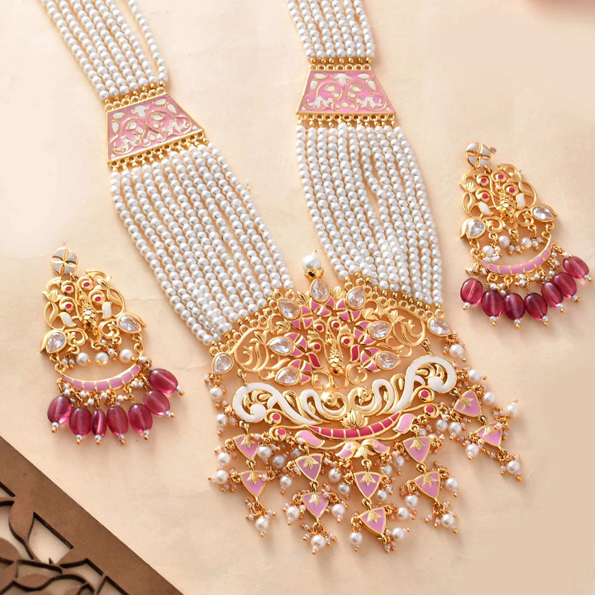 Apsara Filigree Design Heavily Embellished Yellow Gold Plated Jewellery Set