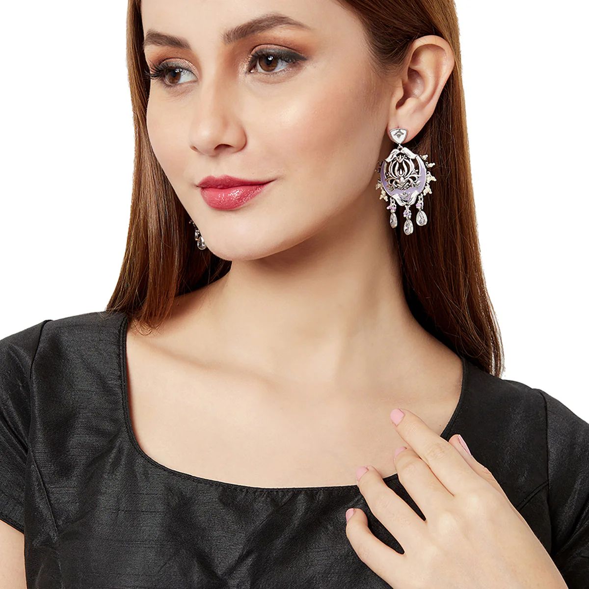 Shwet Kamal Filigree Lotus Motif Teardrop Cut Kundan Silver Plated Earrings - Image 2