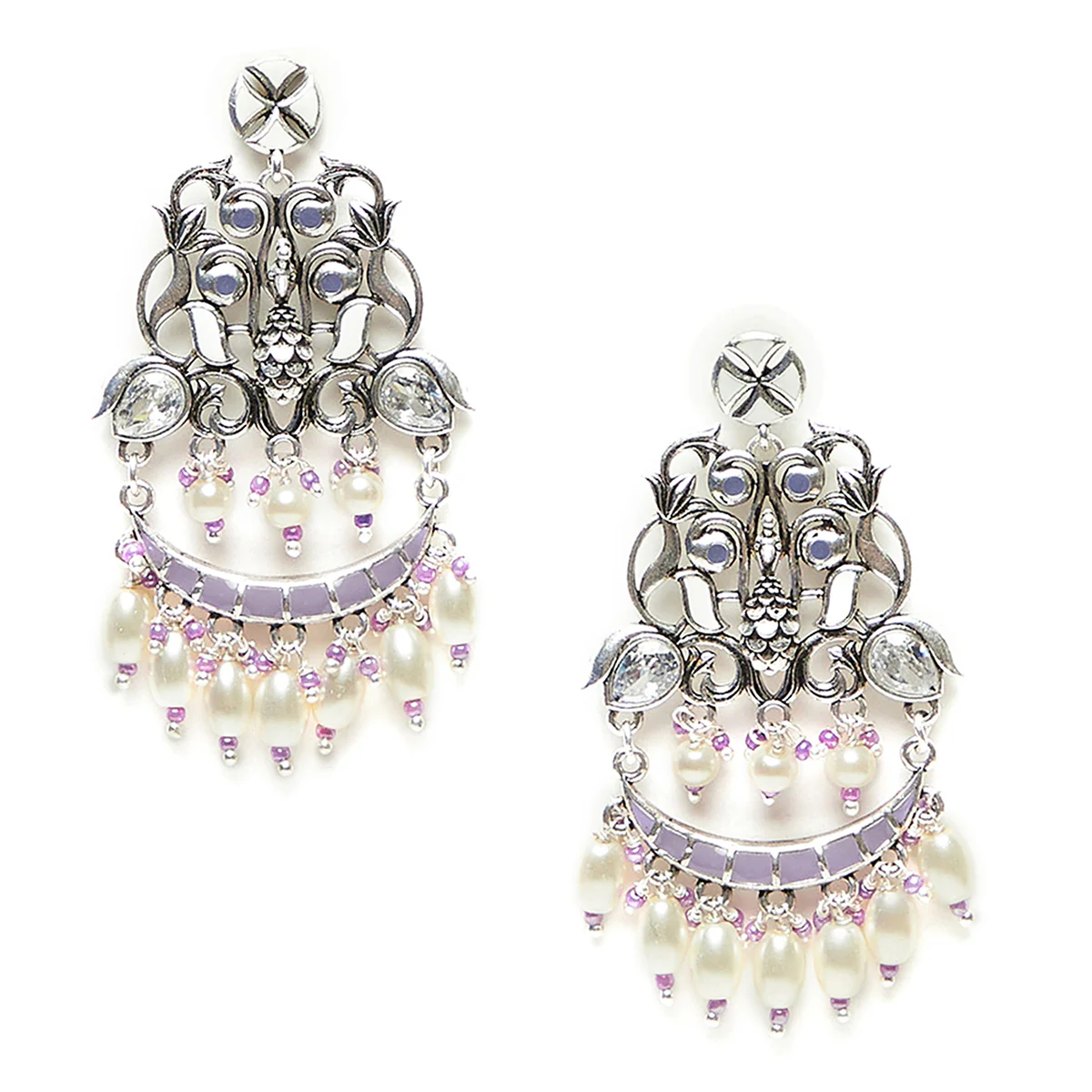 Shwet Kamal Filigree Pattern Faux Pearls Adorned Silver Plated Drop Earrings - Image 3