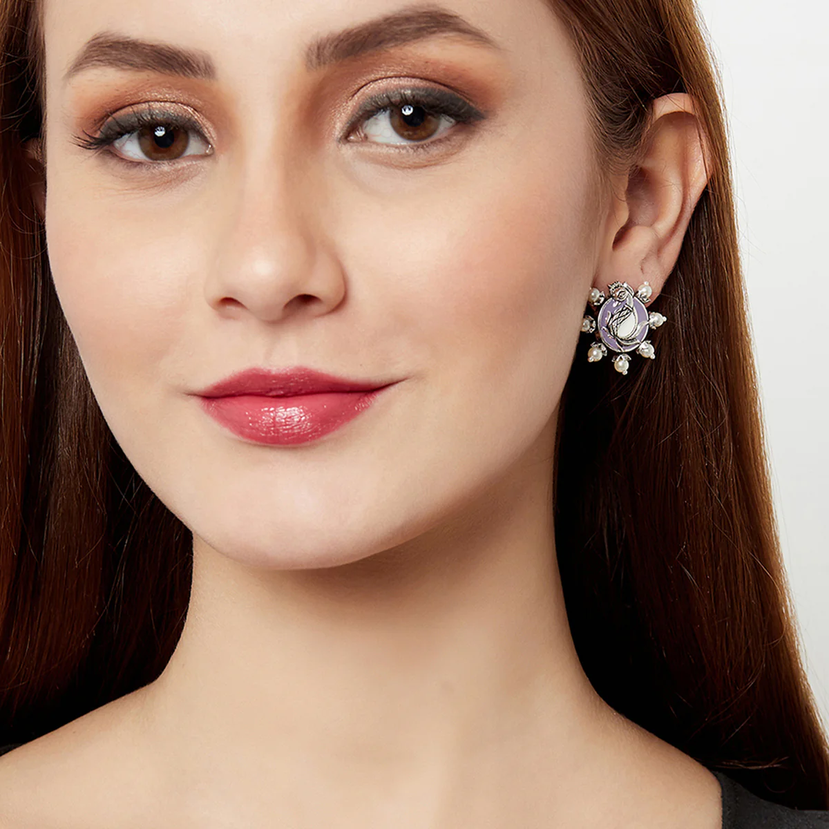 Shwet Kamal Floral Motif Faux Pearls Adorned Silver Toned Stud Earrings - Image 2