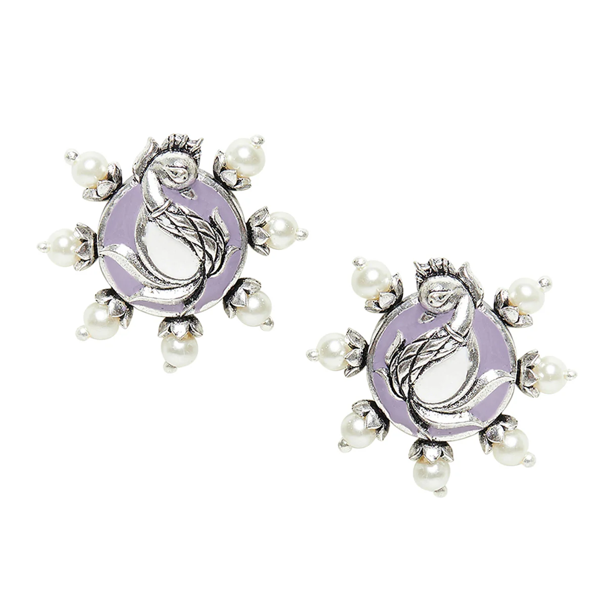 Shwet Kamal Floral Motif Faux Pearls Adorned Silver Toned Stud Earrings - Image 3