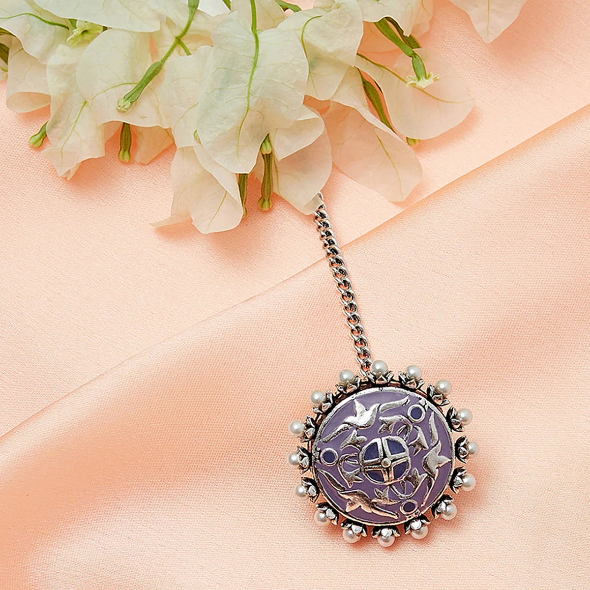 Shwet Kamal Floral Motifs Faux Pearls Embellished Silver Plated Maang Tika