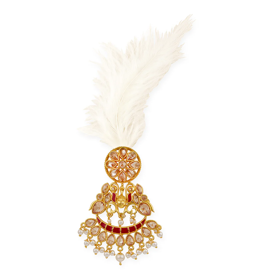 Apsara Groom Red Enamelled with Pearl Golden Kalangi with White Feather - Image 2