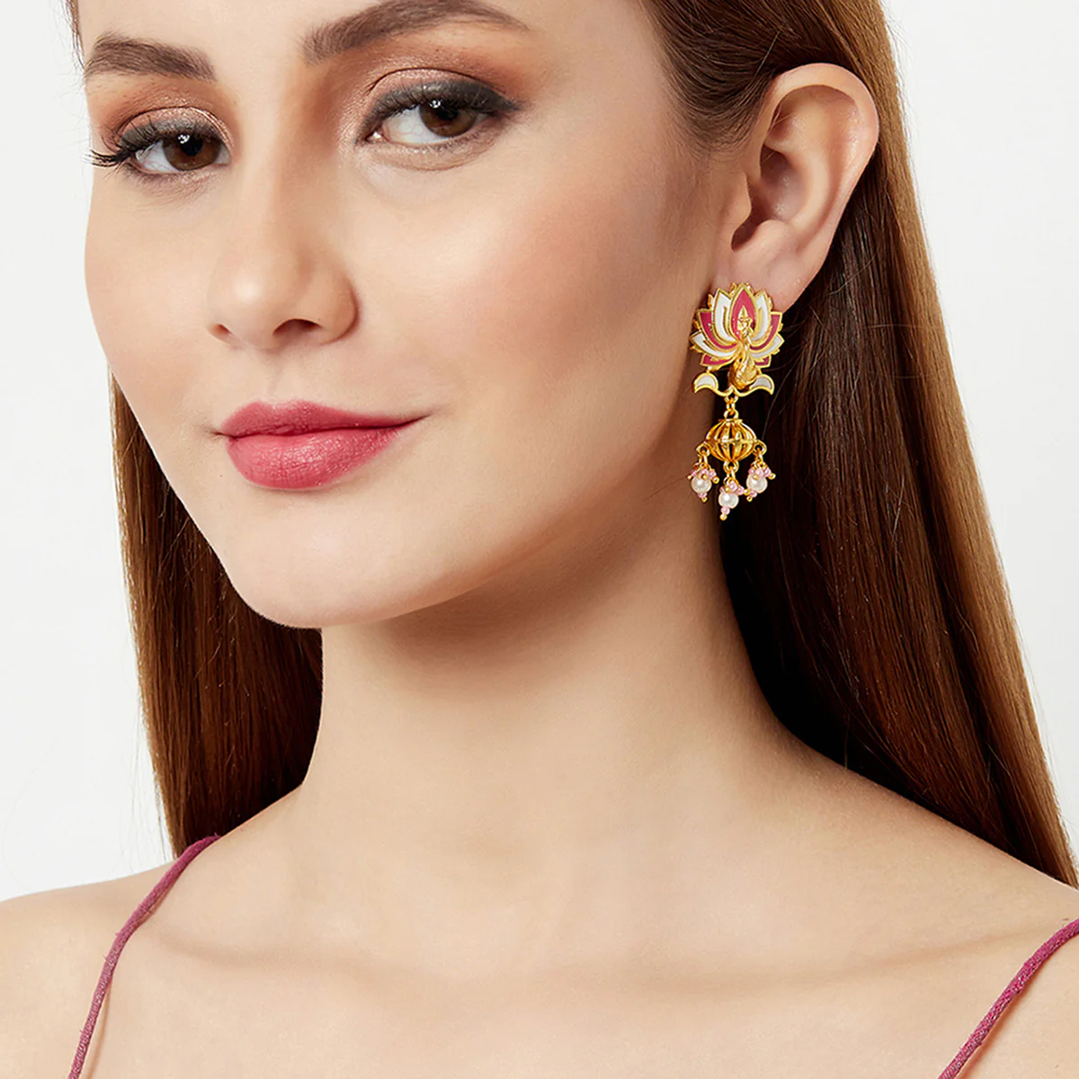 Shwet Kamal Lotus Motif Enamelled Faux Pearls Gold Plated Earrings - Image 2