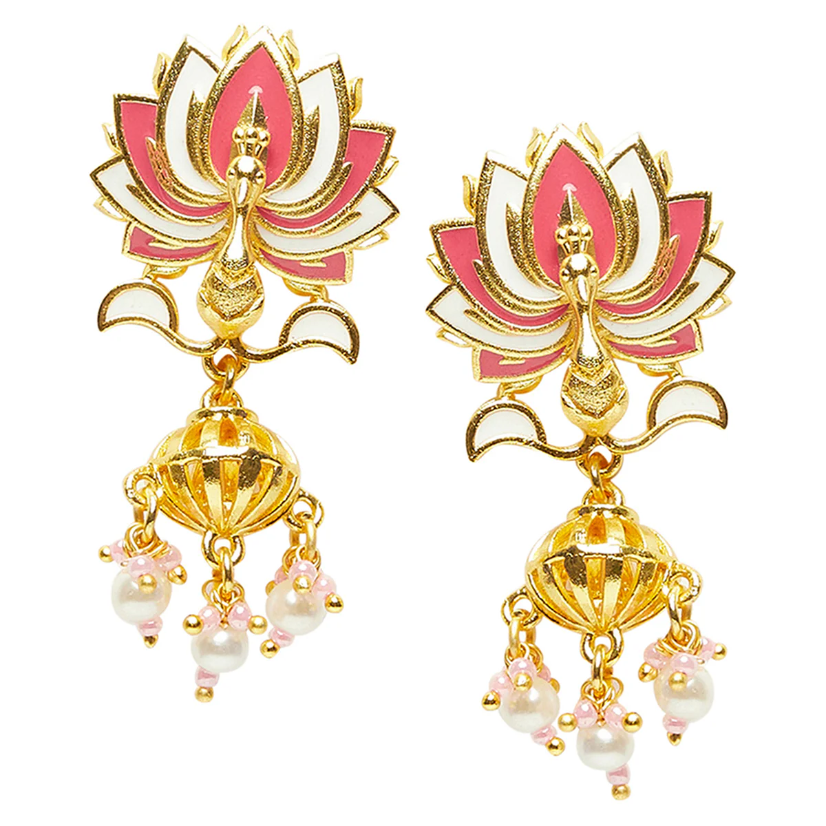 Shwet Kamal Lotus Motif Enamelled Faux Pearls Gold Plated Earrings - Image 3