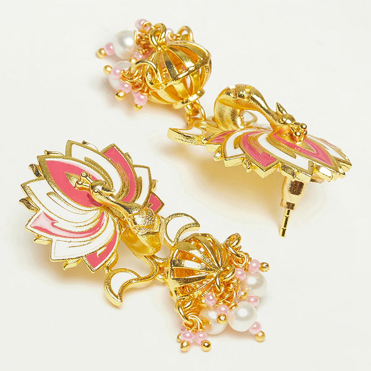 Shwet Kamal Lotus Motif Enamelled Faux Pearls Gold Plated Earrings - Image 4