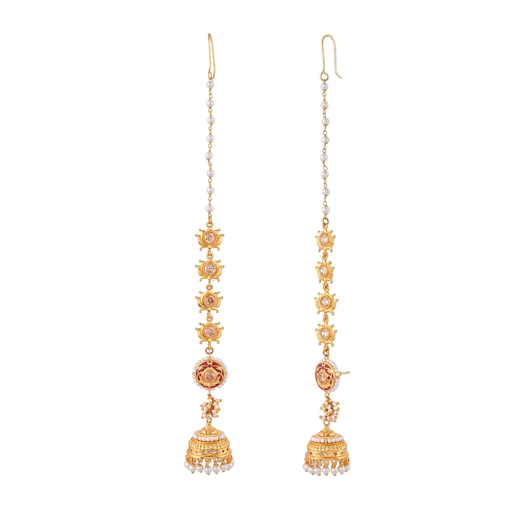 Apsara Lotus Motif Faux Pearls Adorned Brass Gold Plated Sahara Earrings - Image 3