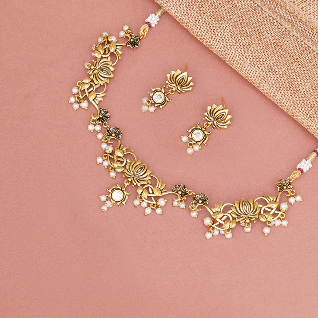 Apsara Lotus Motif Filigree Gold Plated Brass Jewellery Set