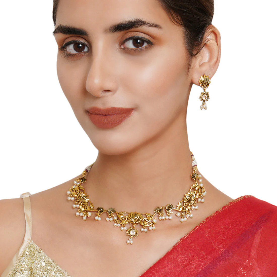 Apsara Lotus Motif Filigree Gold Plated Brass Jewellery Set - Image 2