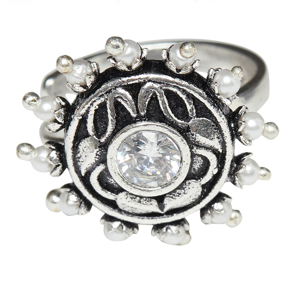 Apsara Oxidised Silver Plated Lightly Embellished Brass Cocktail Ring - Image 3
