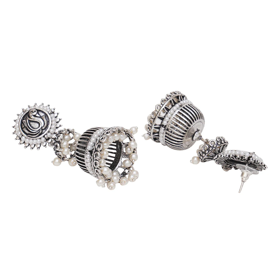 Apsara Peacock and Floral Motifs Brass Silver Plated Sahara Earrings With Chain - Image 4