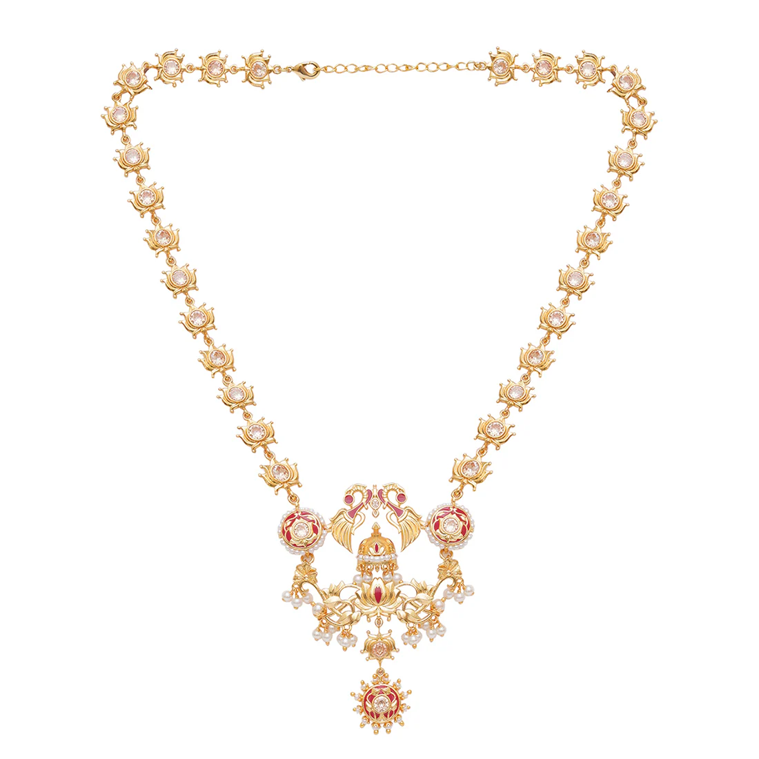 Apsara Peacock and Lotus Design Enamelled Necklace Set - Image 3