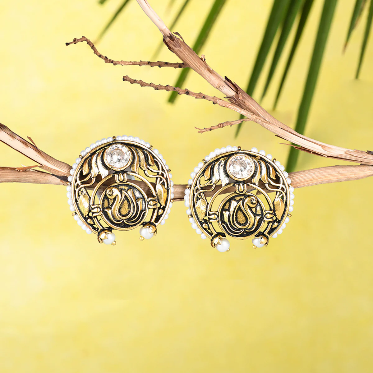 Apsara Peacock Motif Pearls Stud Earrings