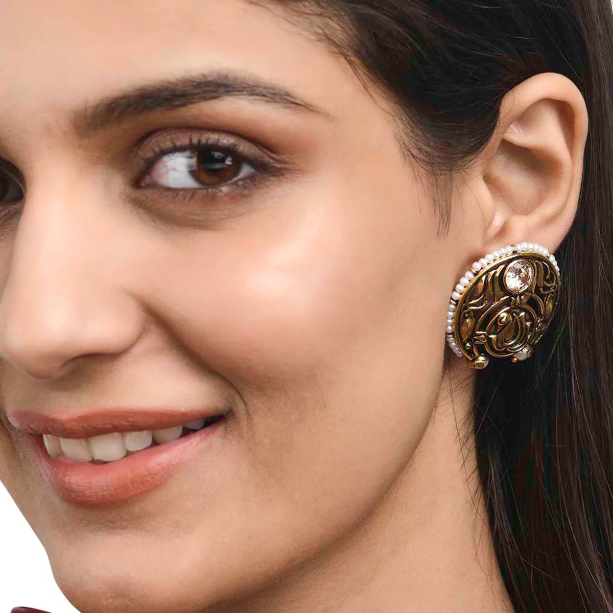 Apsara Peacock Motif Pearls Stud Earrings - Image 2