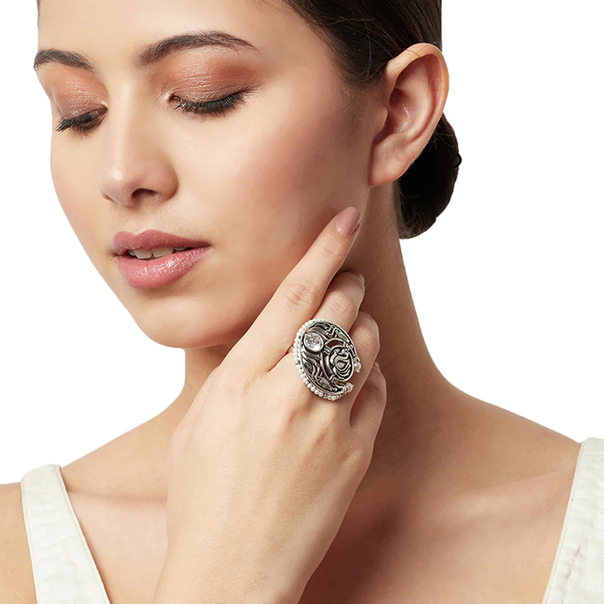 Apsara Peacock Motif Silver Plated Faux Pearls Adorned Adjustable Brass Ring - Image 2