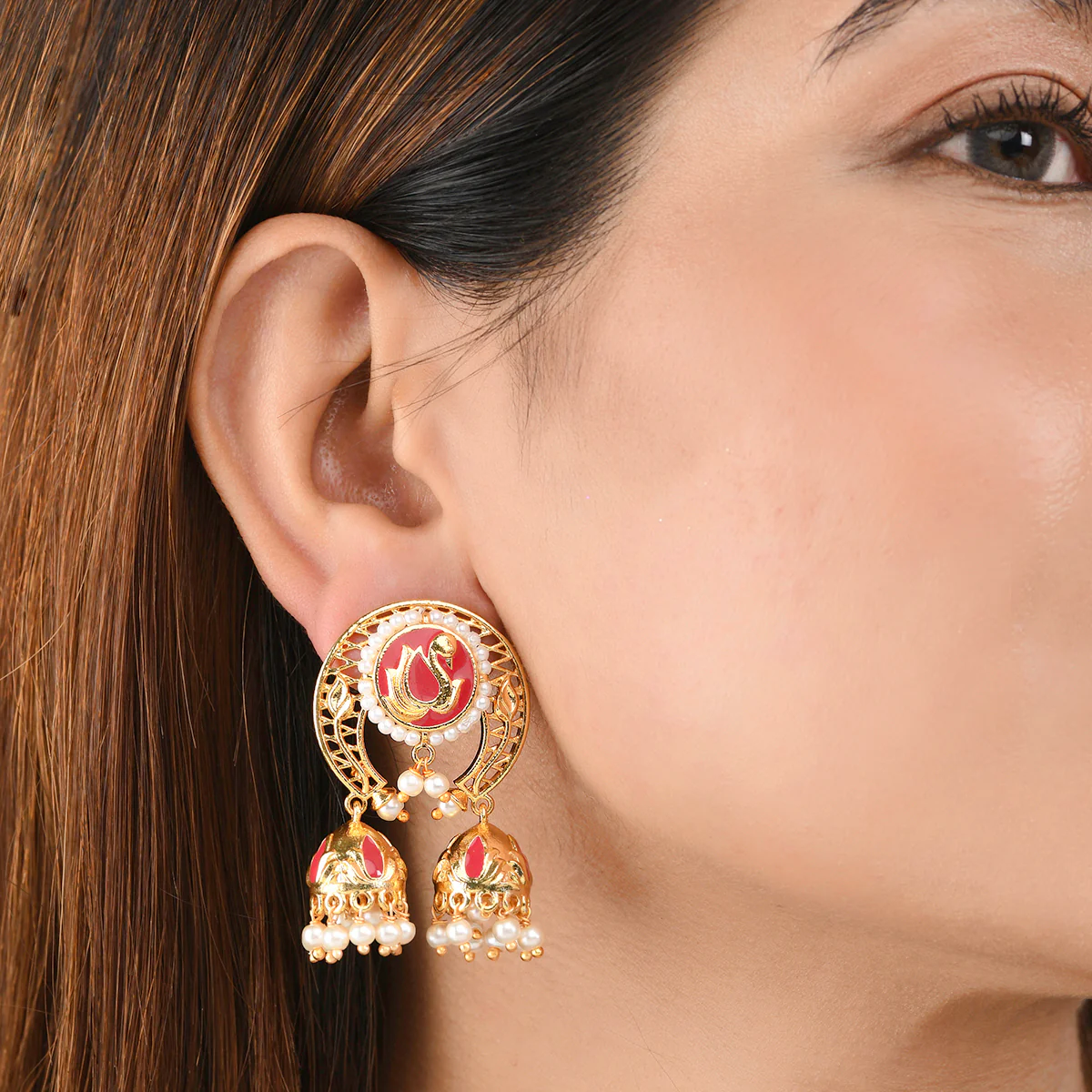 Apsara Peacock Motifs Embossed Jhumka Earrings - Image 2