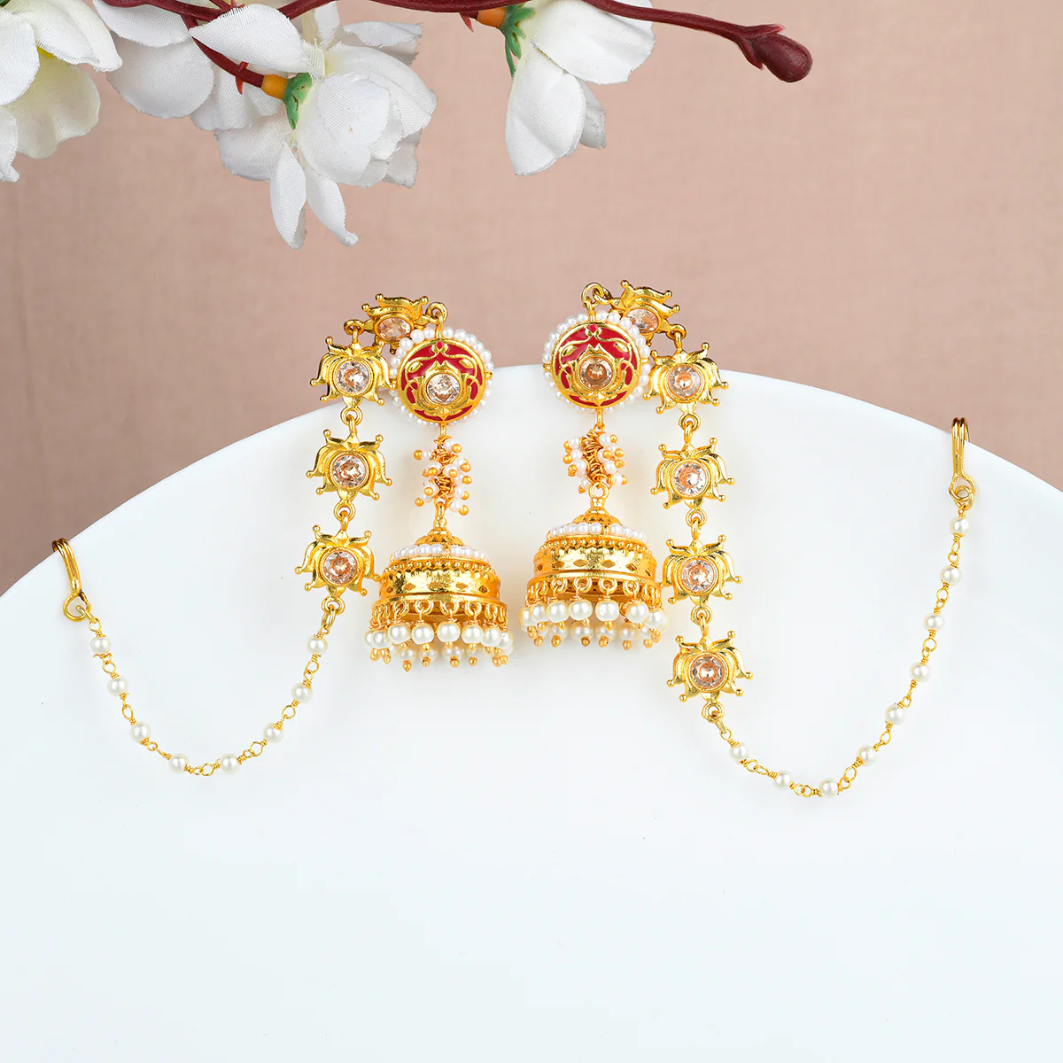 Apsara Pearl Beads Enamelled Chain Earrings