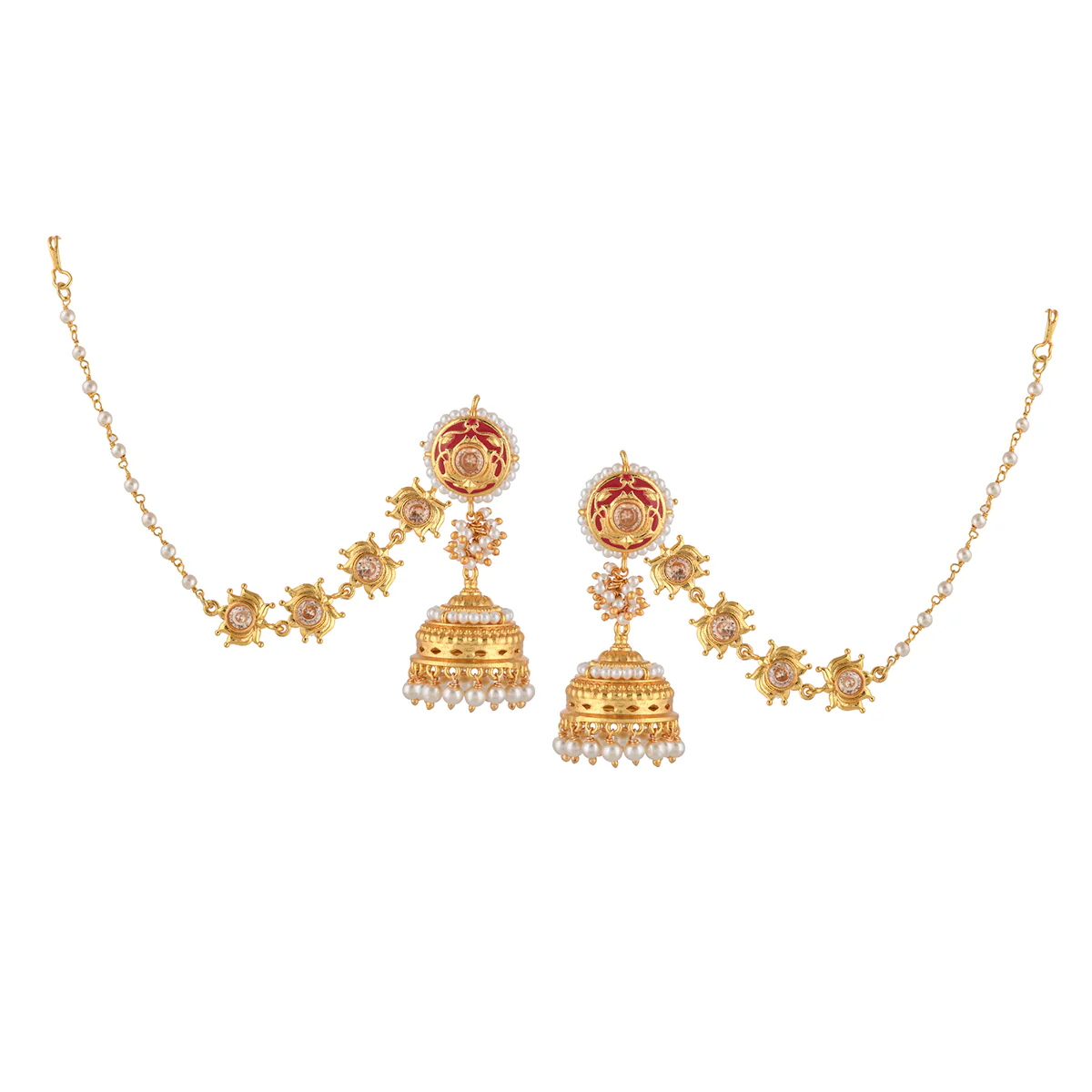 Apsara Pearl Beads Enamelled Chain Earrings - Image 3