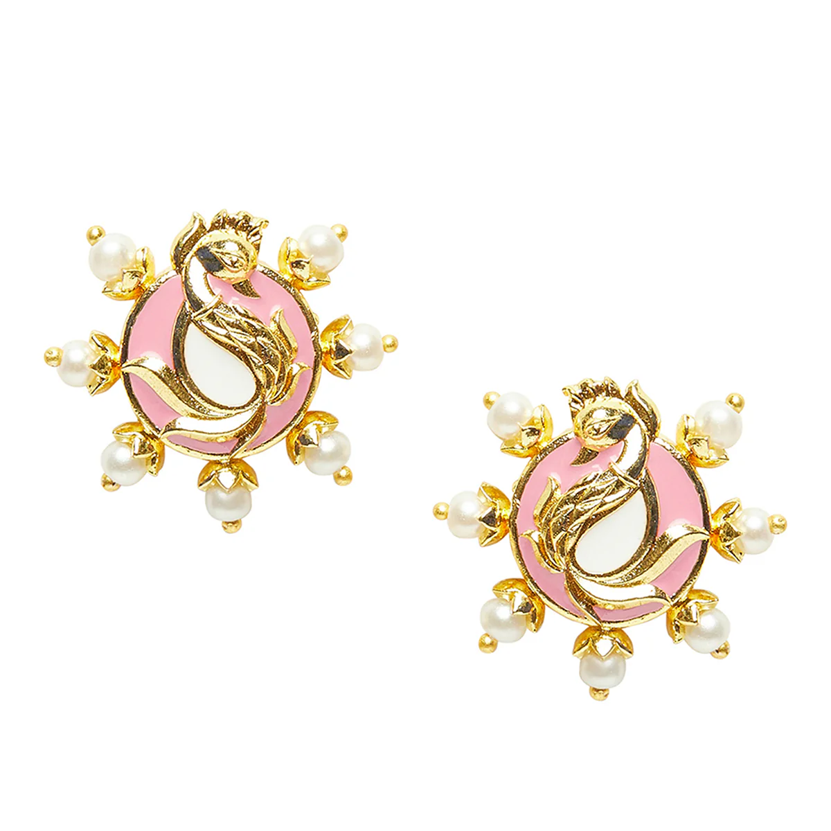 Shwet Kamal Pink Enamel Faux Kundan and Pearls Adorned Gold Plated Stud Earrings - Image 3