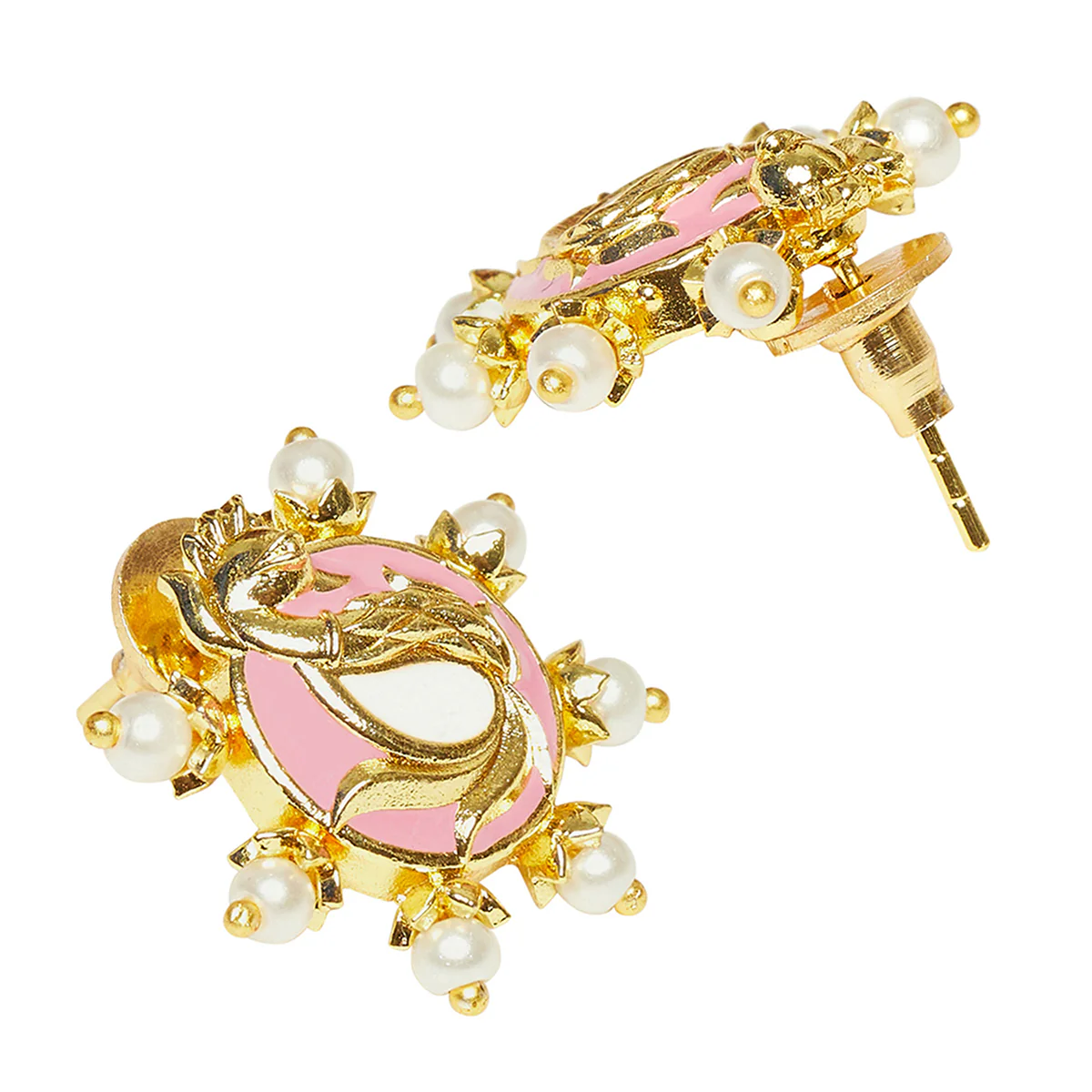 Shwet Kamal Pink Enamel Faux Kundan and Pearls Adorned Gold Plated Stud Earrings - Image 4