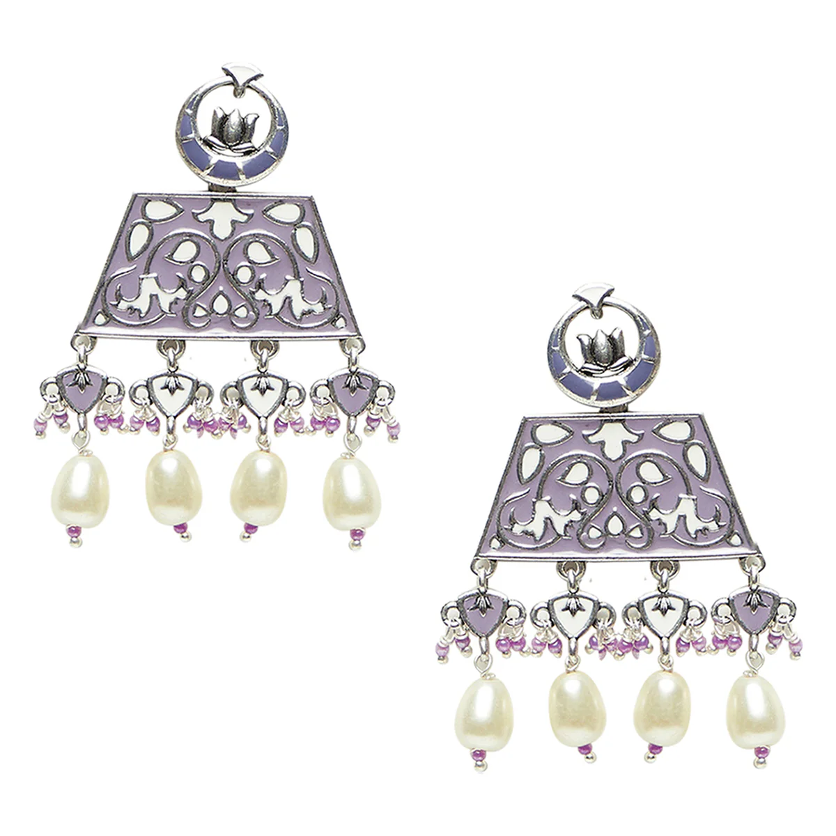 Shwet Kamal Silver Plated Enamelled Faux Pearls Embellished Drop Earrings - Image 3