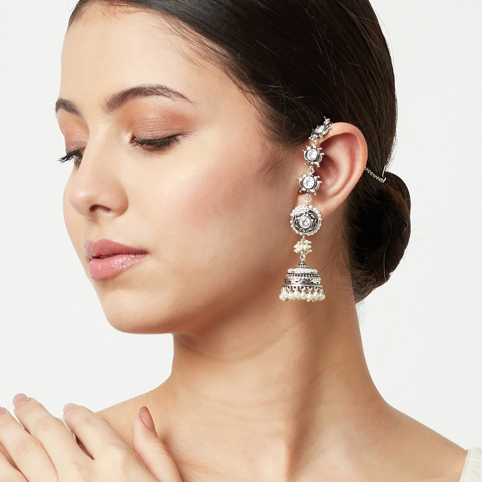 Apsara Silver Plated Faux Pearls Brass Jhumka Earrings - Image 2