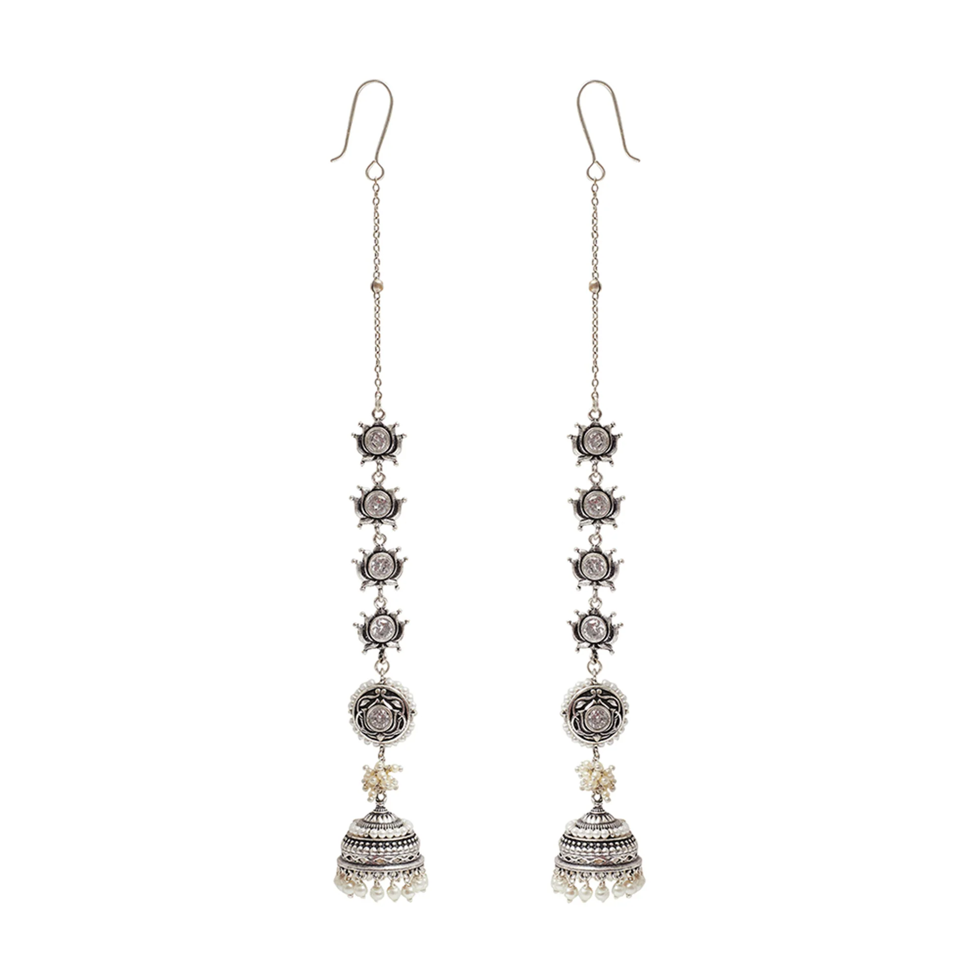 Apsara Silver Plated Faux Pearls Brass Jhumka Earrings - Image 3
