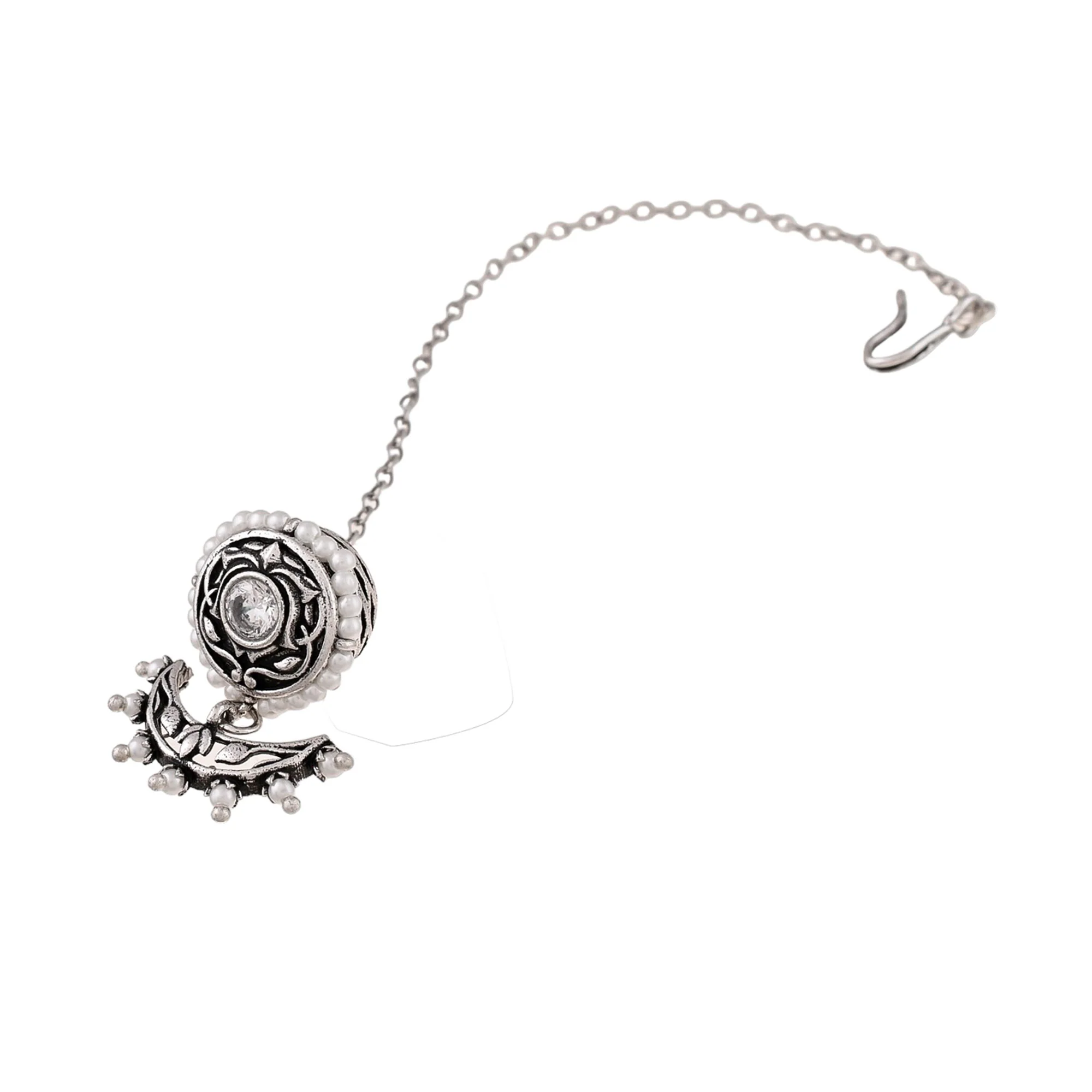 Apsara Silver Plated Filigree Design Round Cut Faux Kundan Brass Maang Tika - Image 4