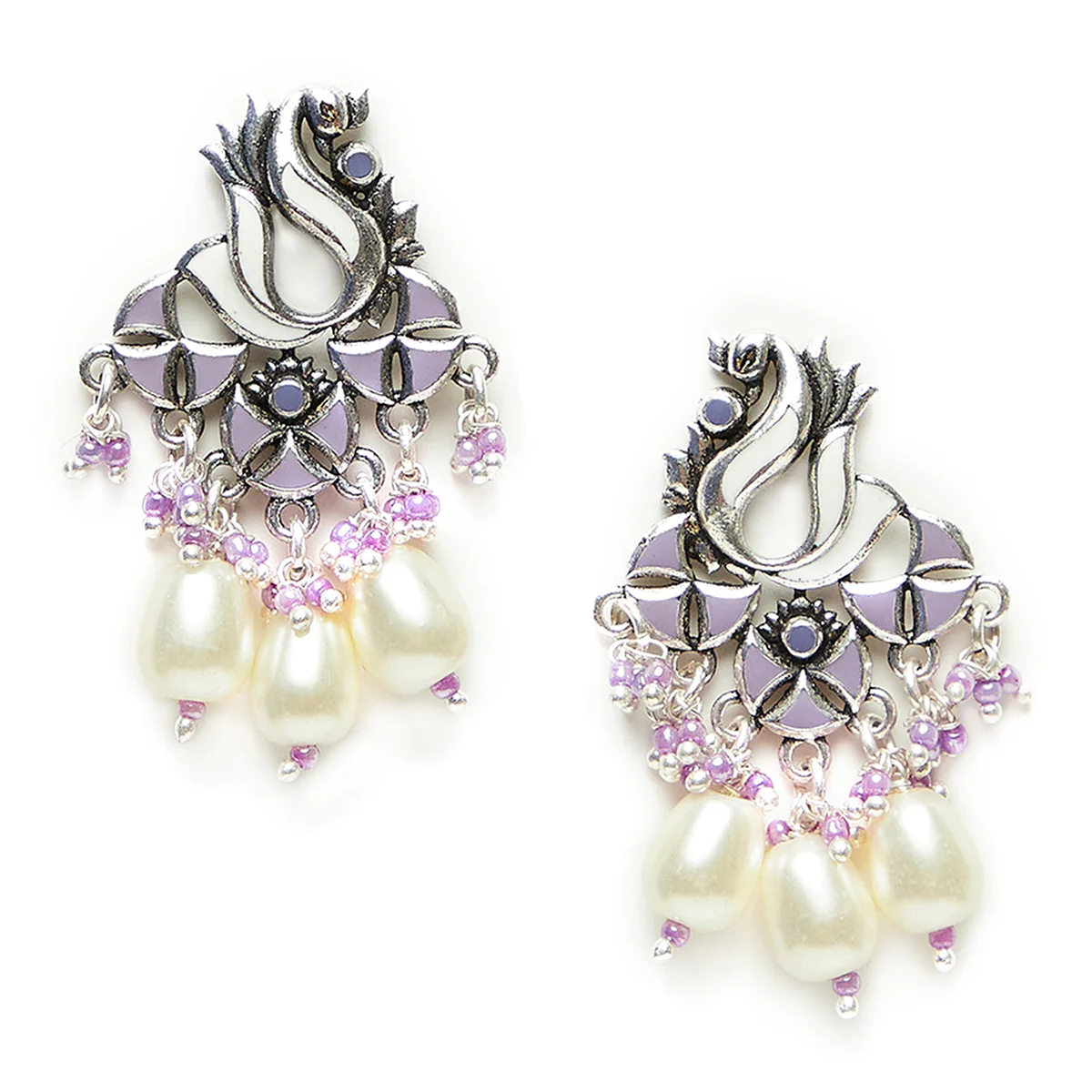 Shwet Kamal Teardrop Faux Pearls Enamelled Silver Plated Earrings - Image 3