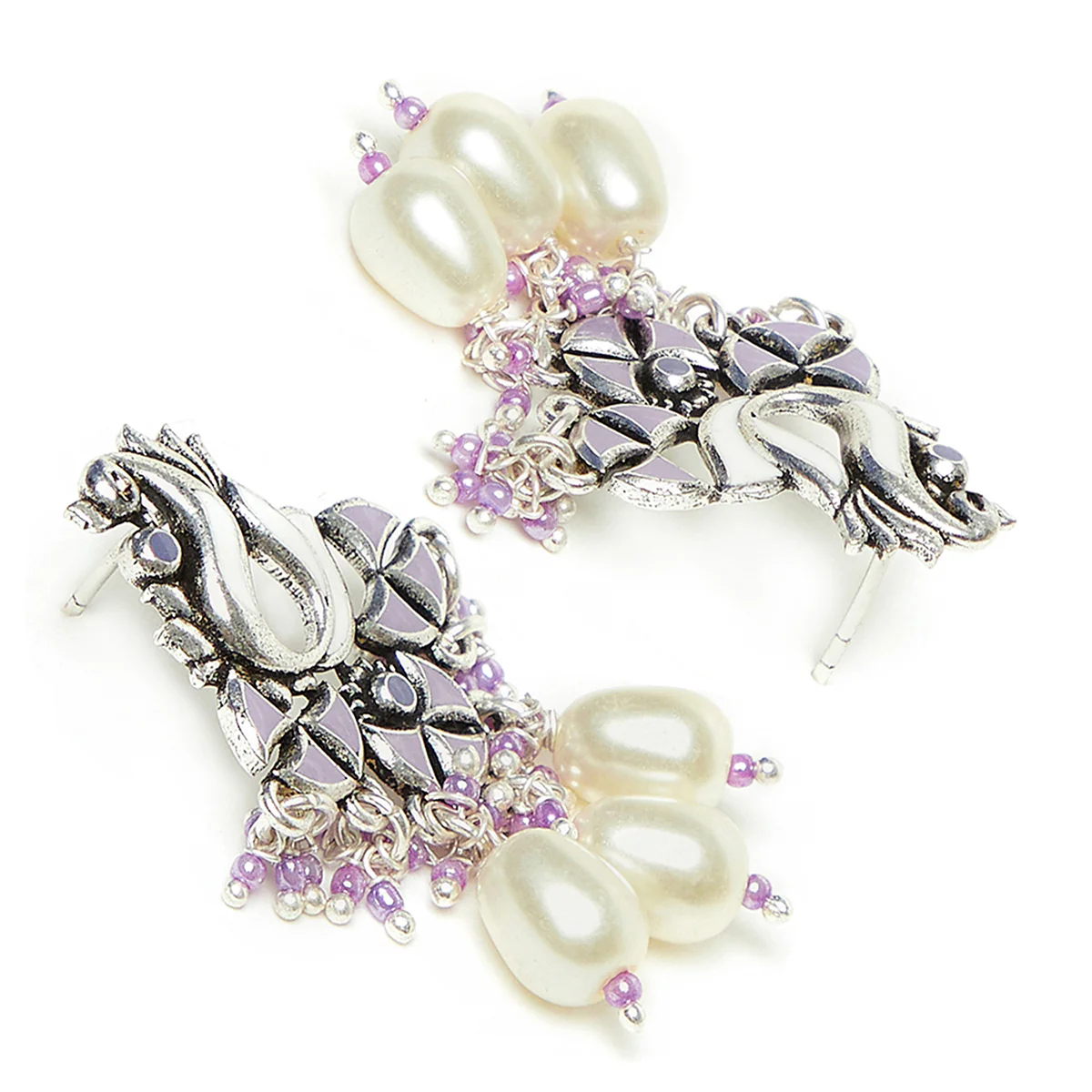 Shwet Kamal Teardrop Faux Pearls Enamelled Silver Plated Earrings - Image 4