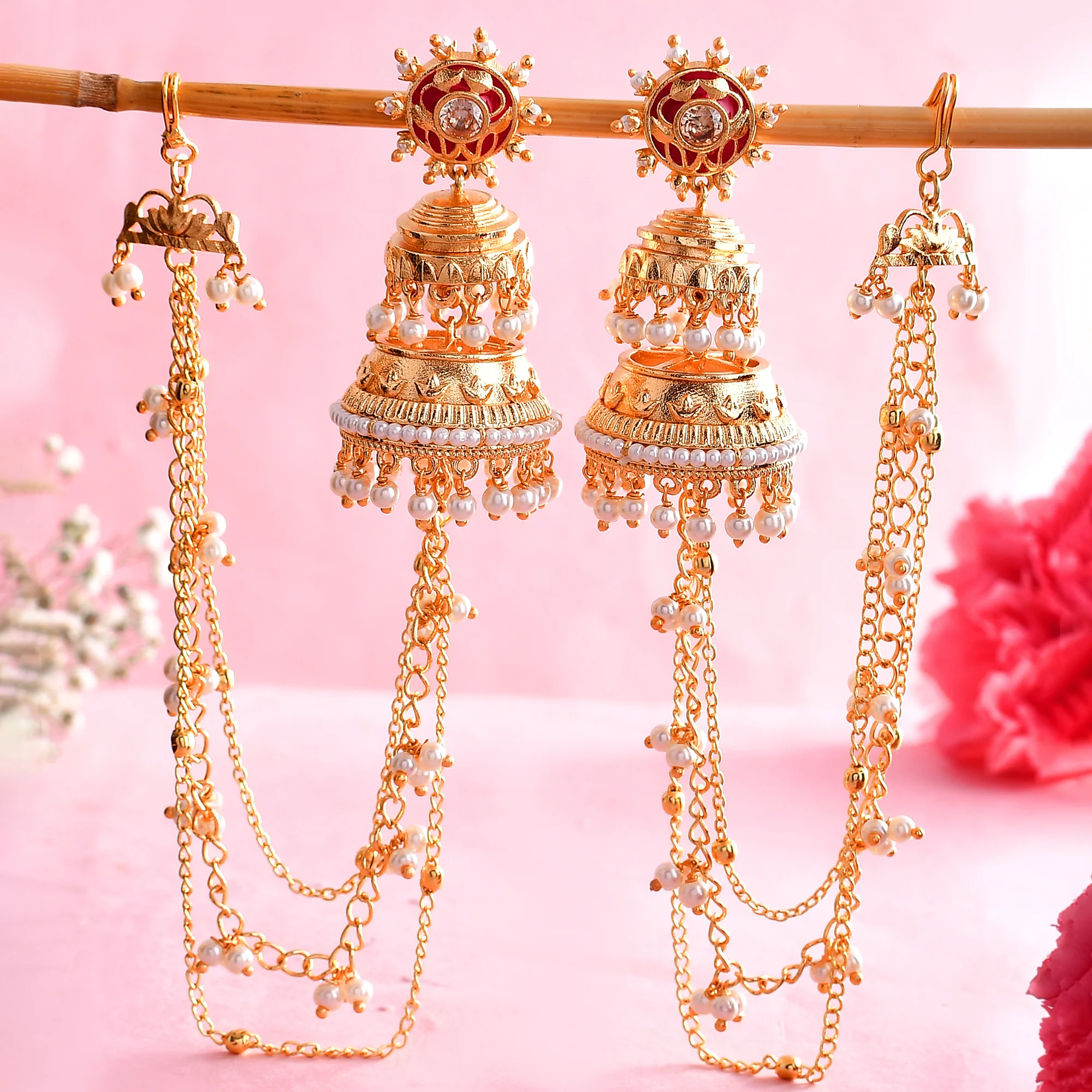 Apsara Vintage Inspired Brass Faux Pearls Adorned Yellow Gold Plated Jhumka Earrings