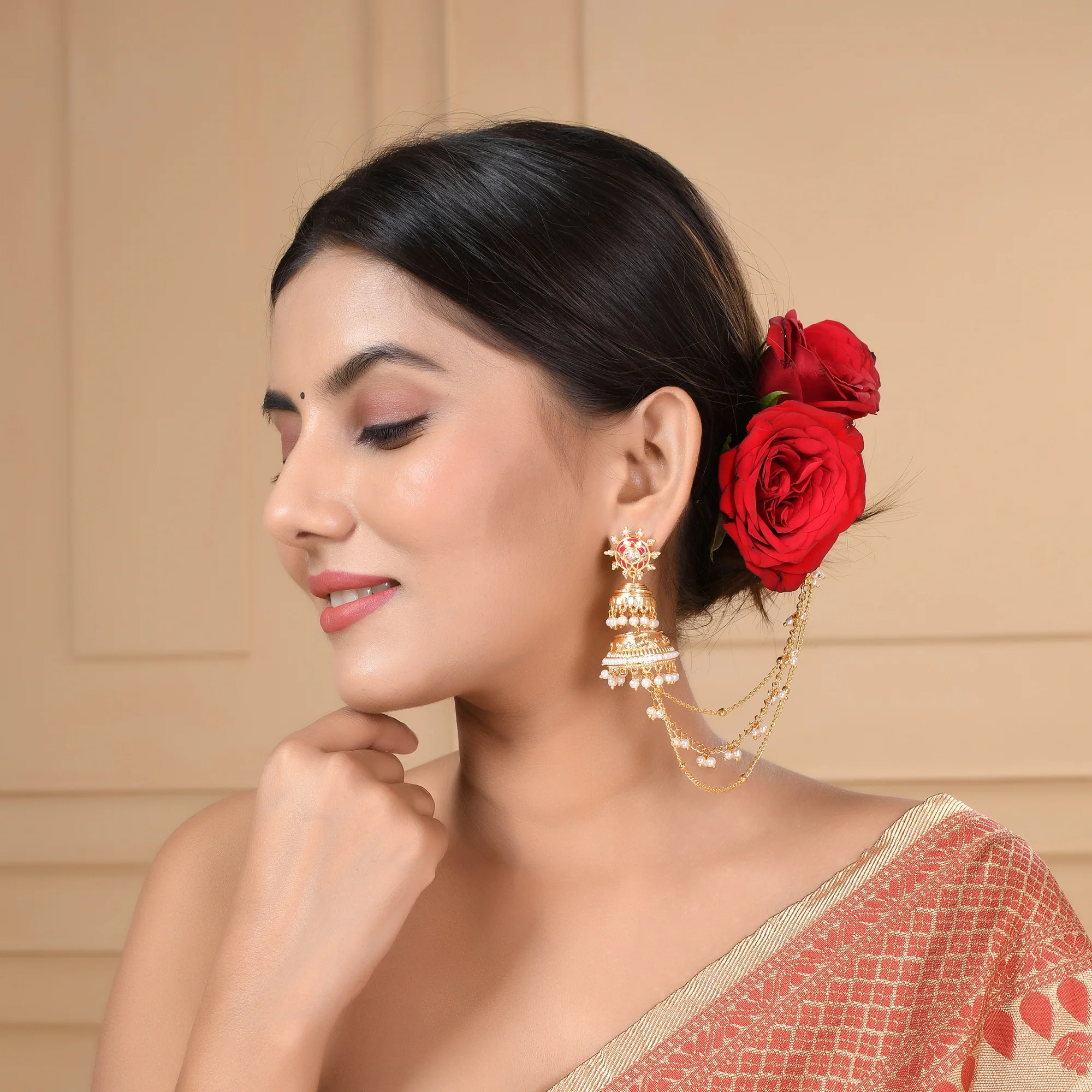 Apsara Vintage Inspired Brass Faux Pearls Adorned Yellow Gold Plated Jhumka Earrings - Image 2