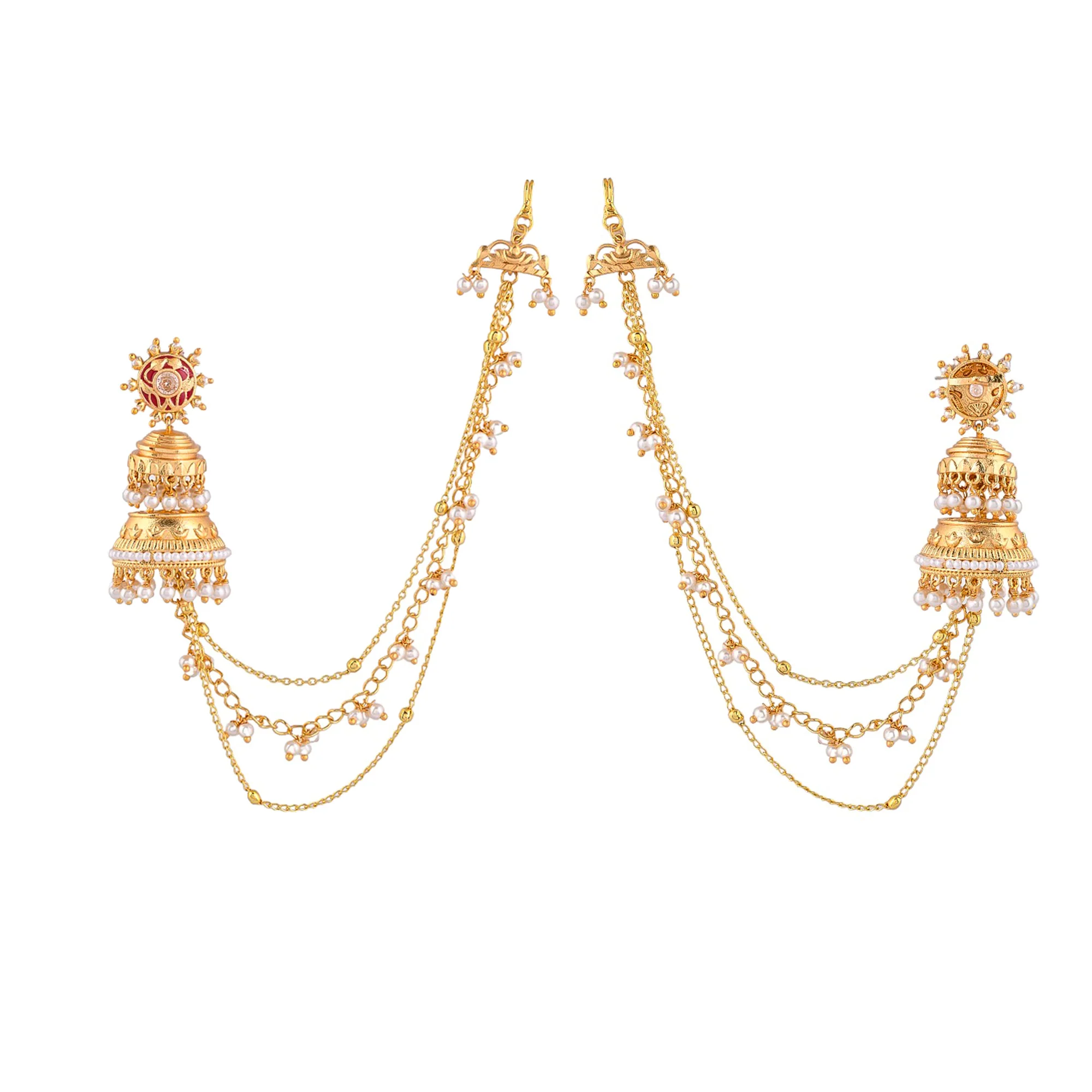 Apsara Vintage Inspired Brass Faux Pearls Adorned Yellow Gold Plated Jhumka Earrings - Image 5