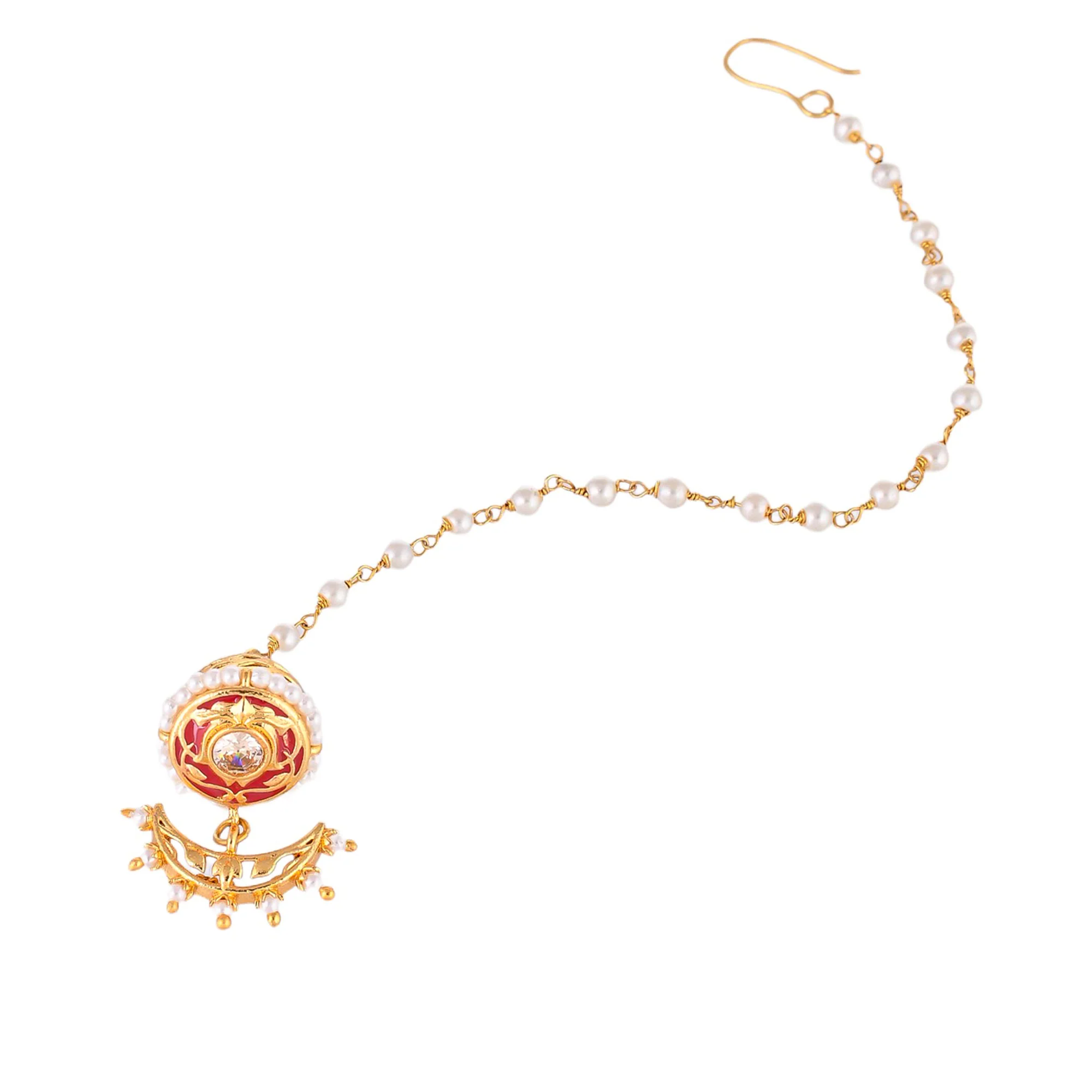 Apsara Yellow Gold Plated Enamelled Filigree Design Brass Maang Tika - Image 3