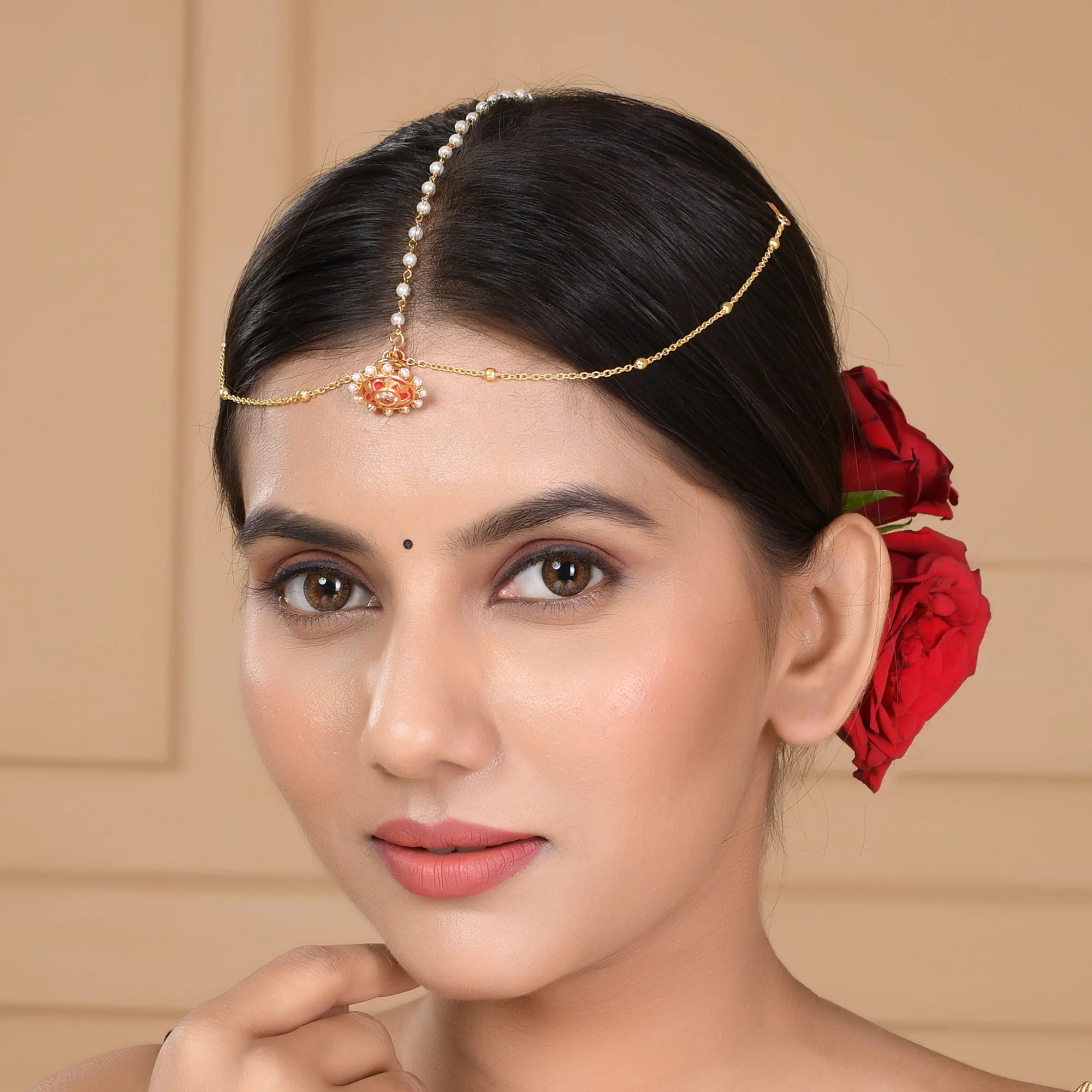 Apsara Yellow Gold Plated Faux Pearls Adorned Brass Matha Patti Maang Tika - Image 2