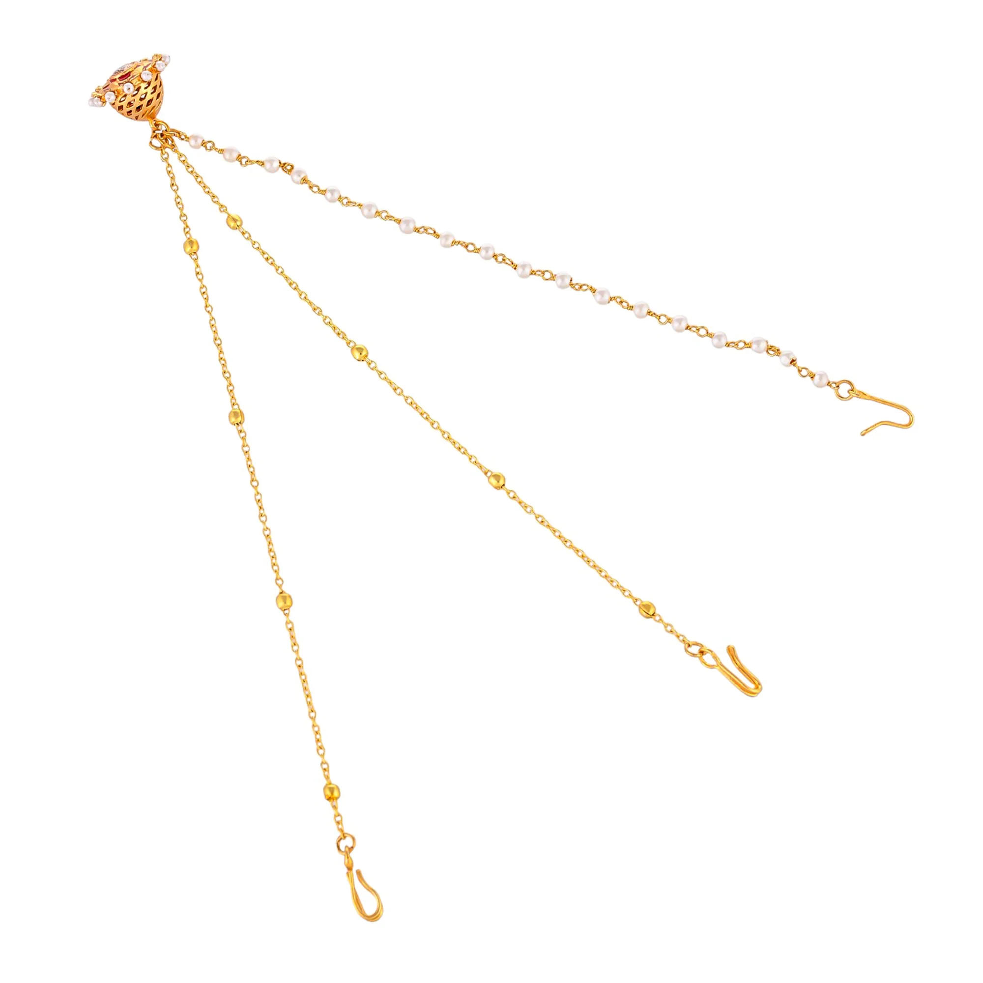 Apsara Yellow Gold Plated Faux Pearls Adorned Brass Matha Patti Maang Tika - Image 5