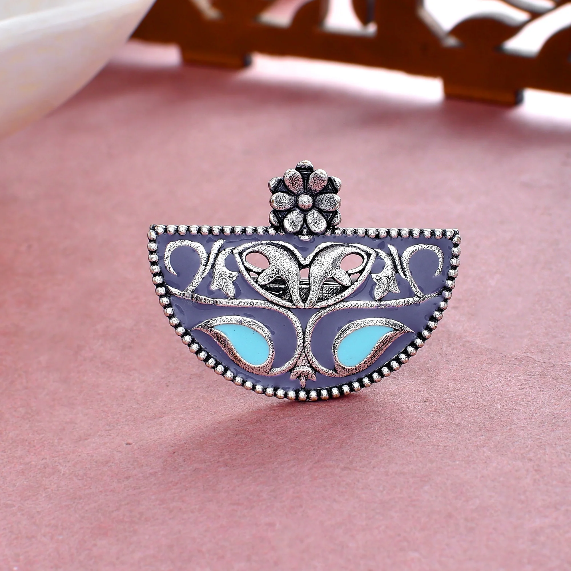 Arabian Nights Adjustable Oxidised Plated Enamelled Brass Ring