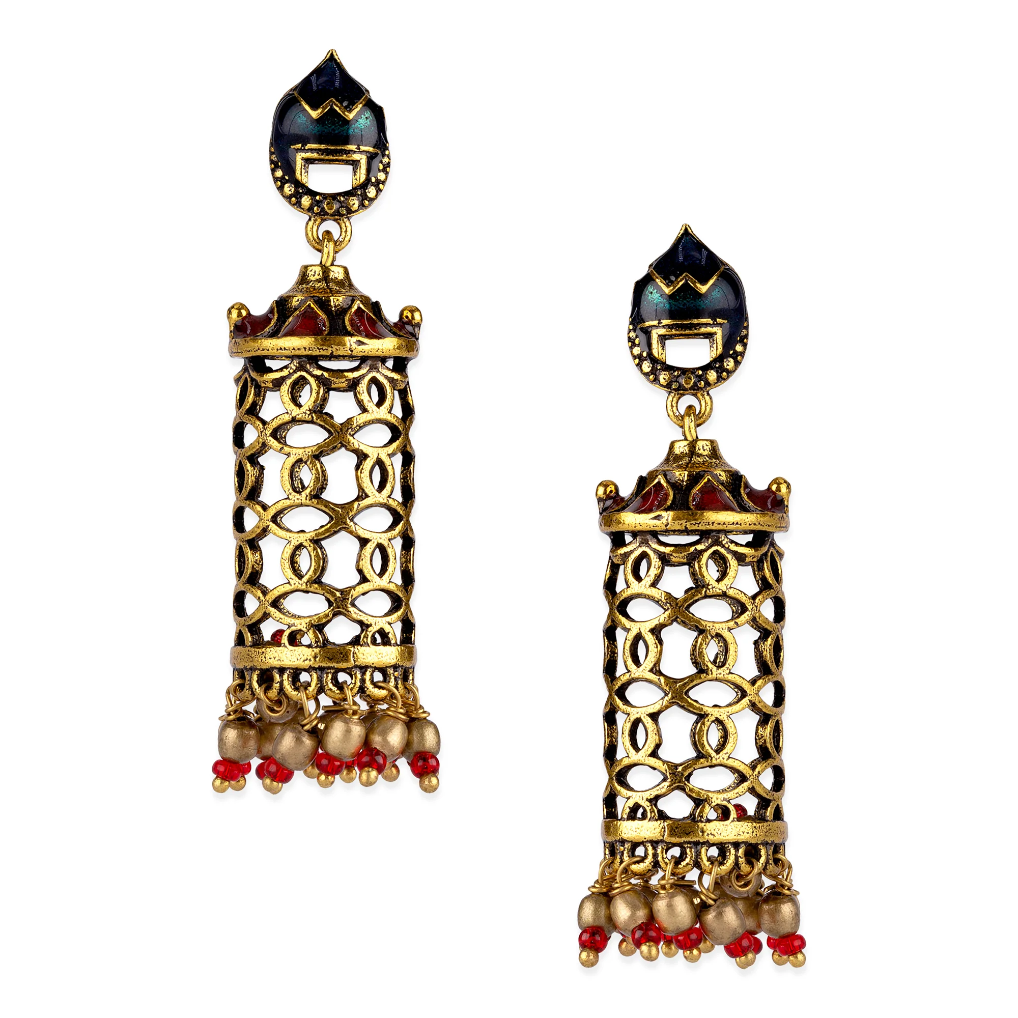 Arabian Nights Antique Golden Brass Jhumka Earrings - Image 3