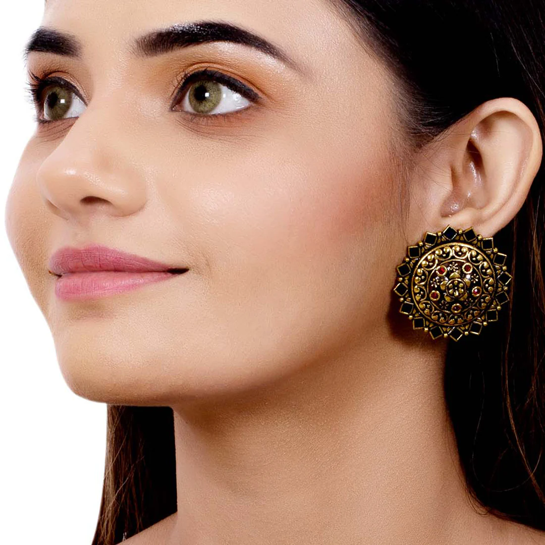 Arabian Nights Antique Golden Brass Stud Earrings - Image 2