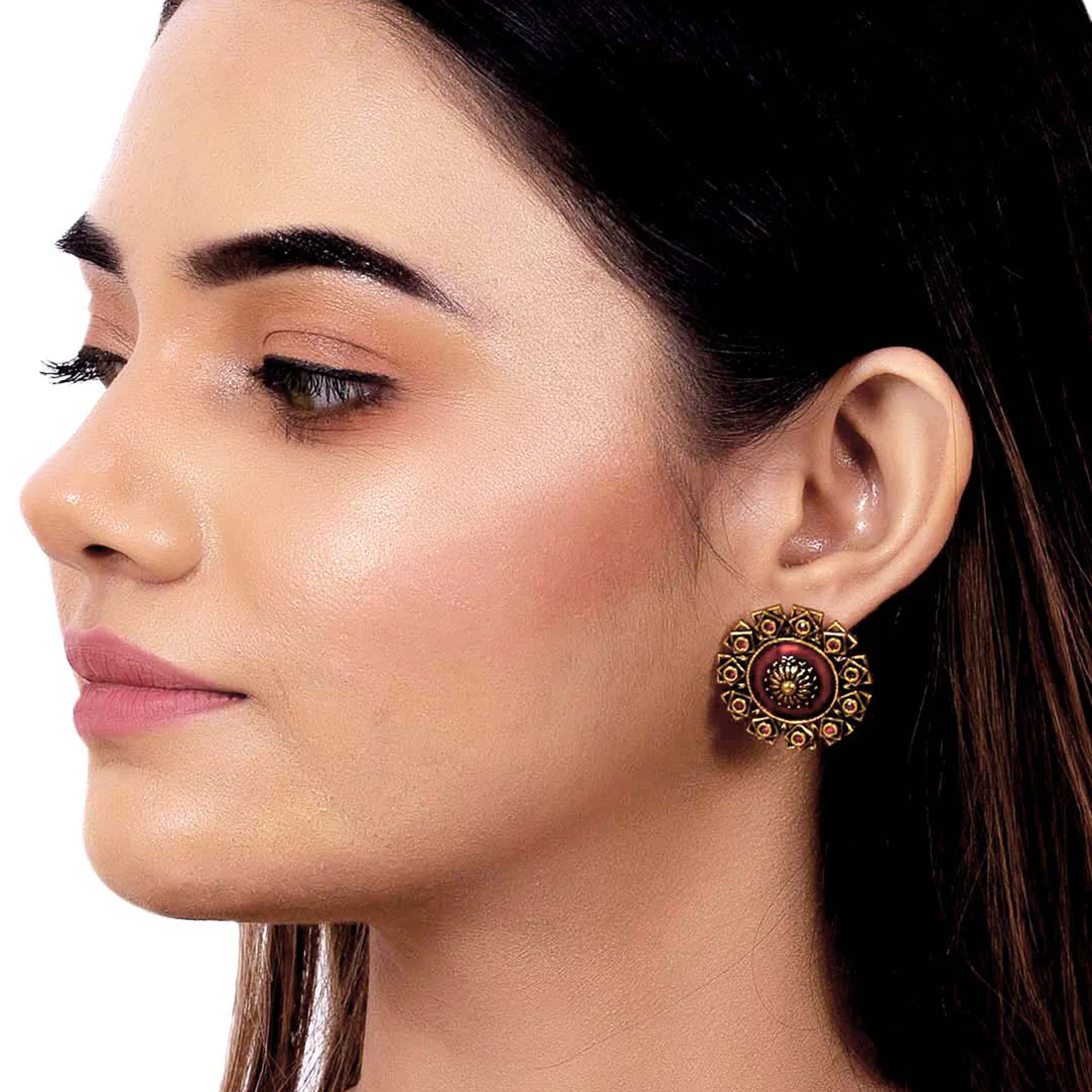 Arabian Nights Antique Golden Brass Stud Earrings - Image 2