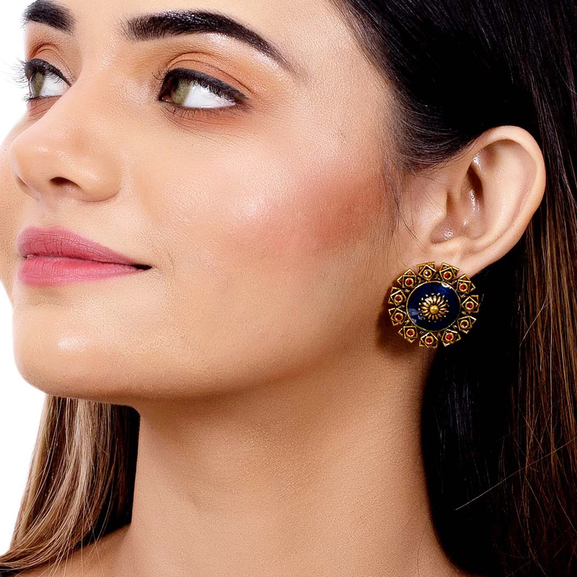 Arabian Nights Antique Golden Brass Stud Earrings - Image 2
