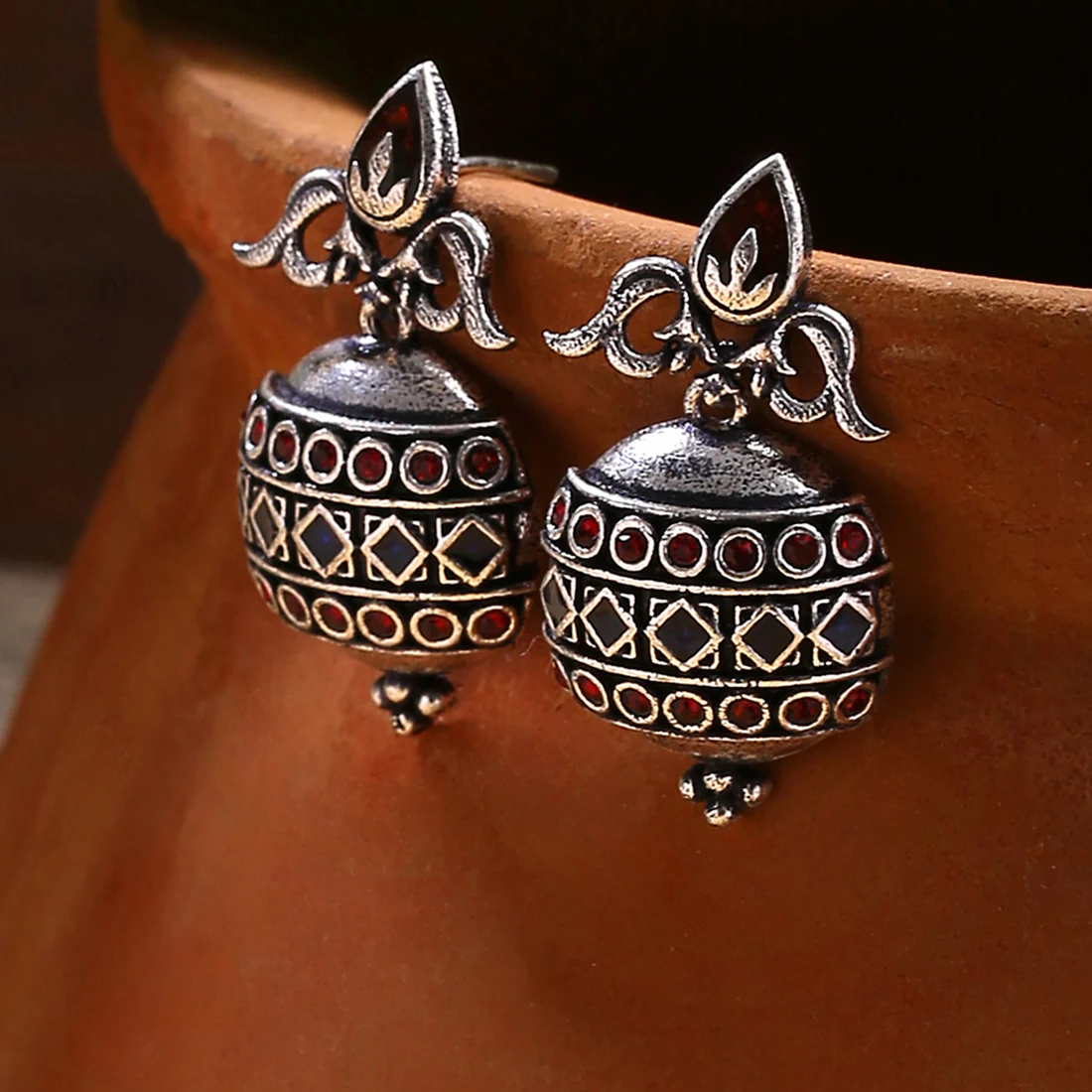 Arabian Nights Antique Lamp Designed Silver Brass Earrings