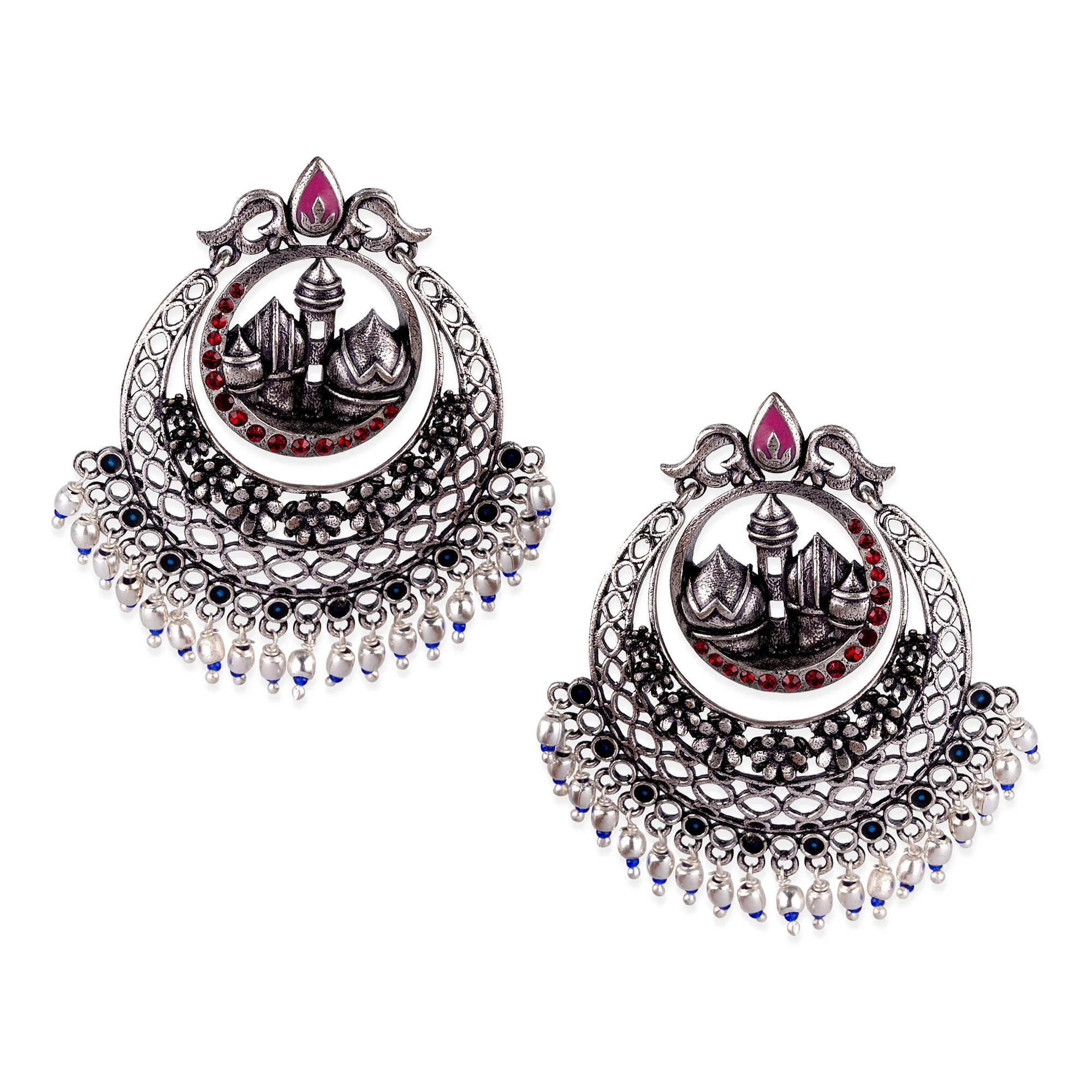 Arabian Nights Antique Silver Brass Jhumka Earrings - Image 3