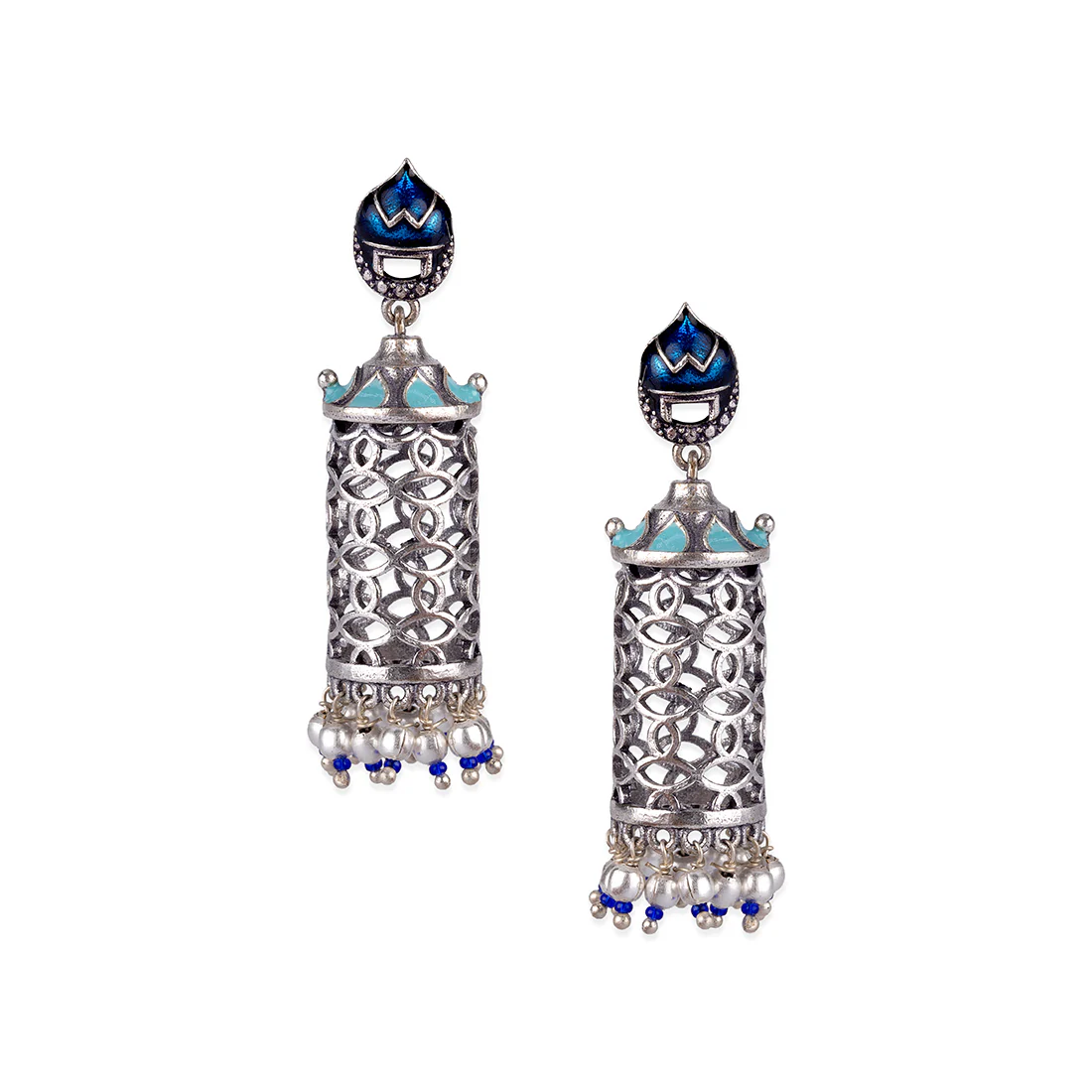 Arabian Nights Antique Silver Brass Jhumka Earrings - Image 3