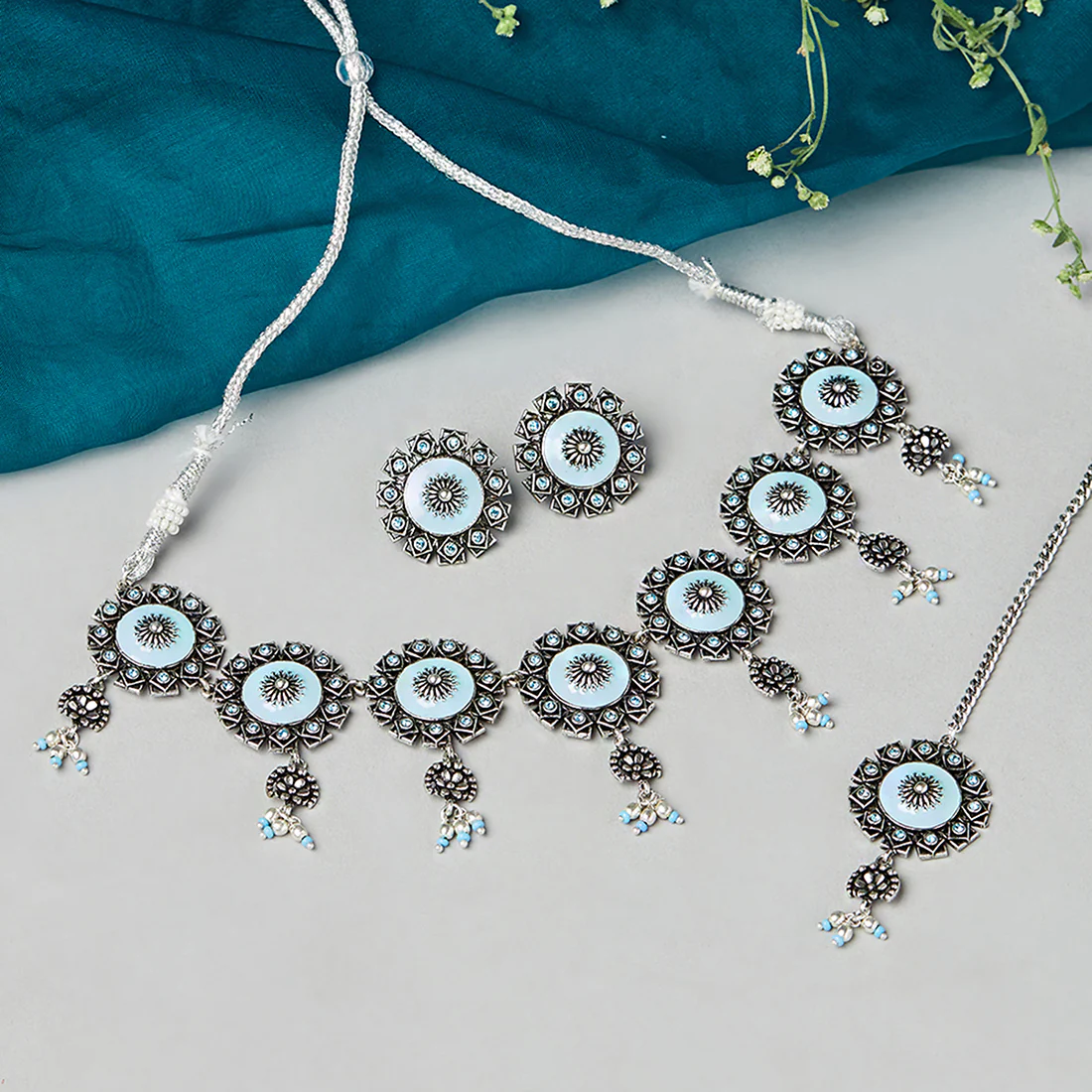 Arabian Nights Blue Enamel Brass Oxidised Plated Maang Tika Set