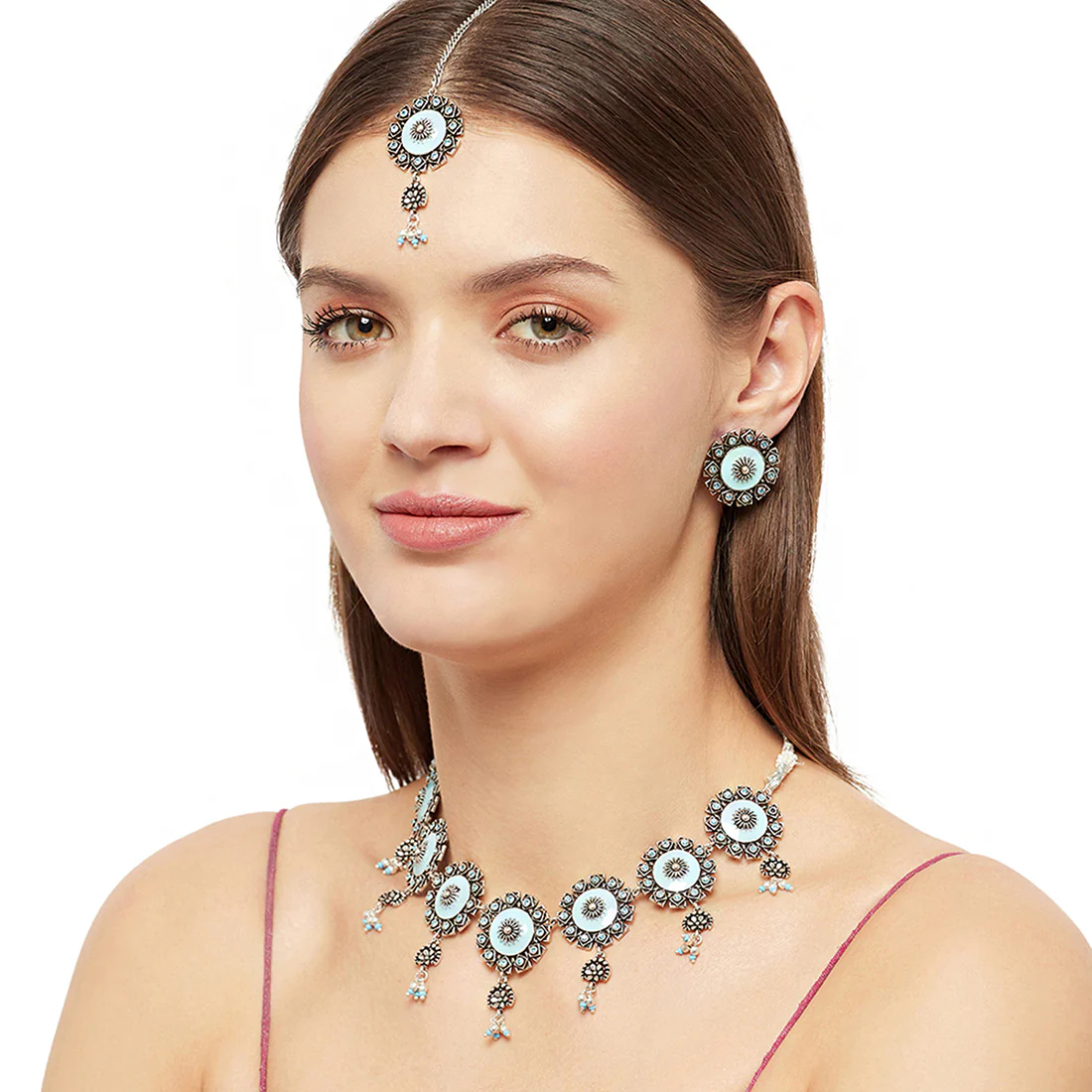 Arabian Nights Blue Enamel Brass Oxidised Plated Maang Tika Set - Image 2
