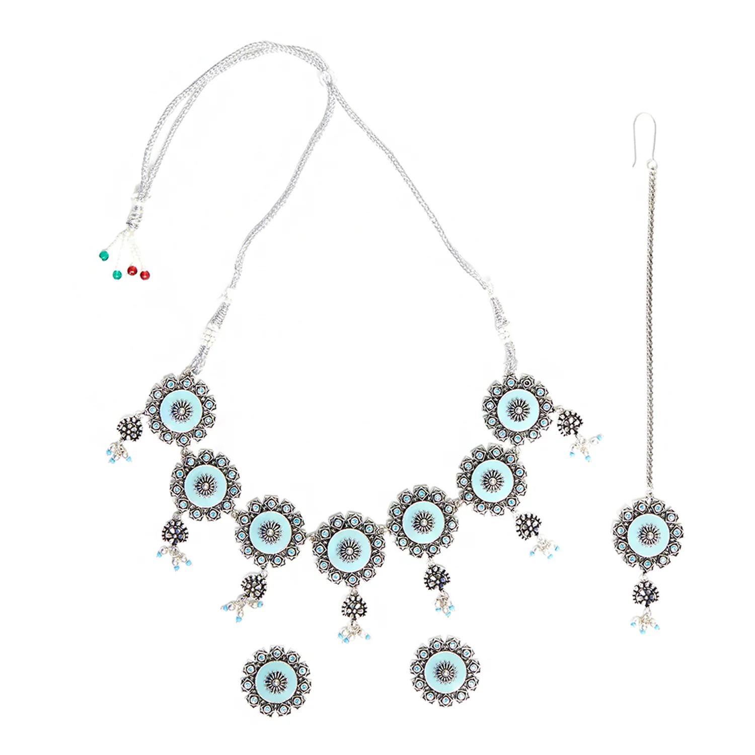 Arabian Nights Blue Enamel Brass Oxidised Plated Maang Tika Set - Image 3